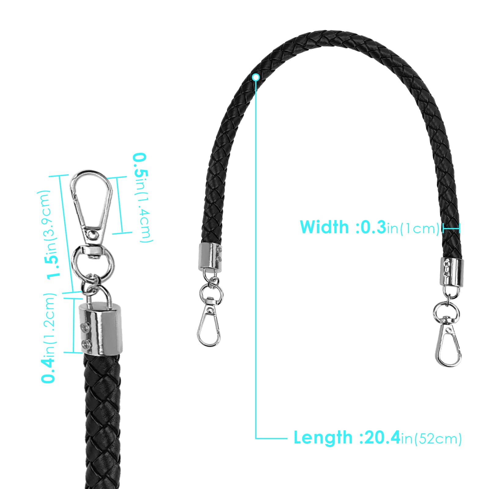 ReignSword Vegan Leather Purse Strap, 2 Pcs Vegan Leather Braided Purse Replacement Handle for Women's Shoulder Bag, Handbag Handles (Black, Sliver Hook) - 1