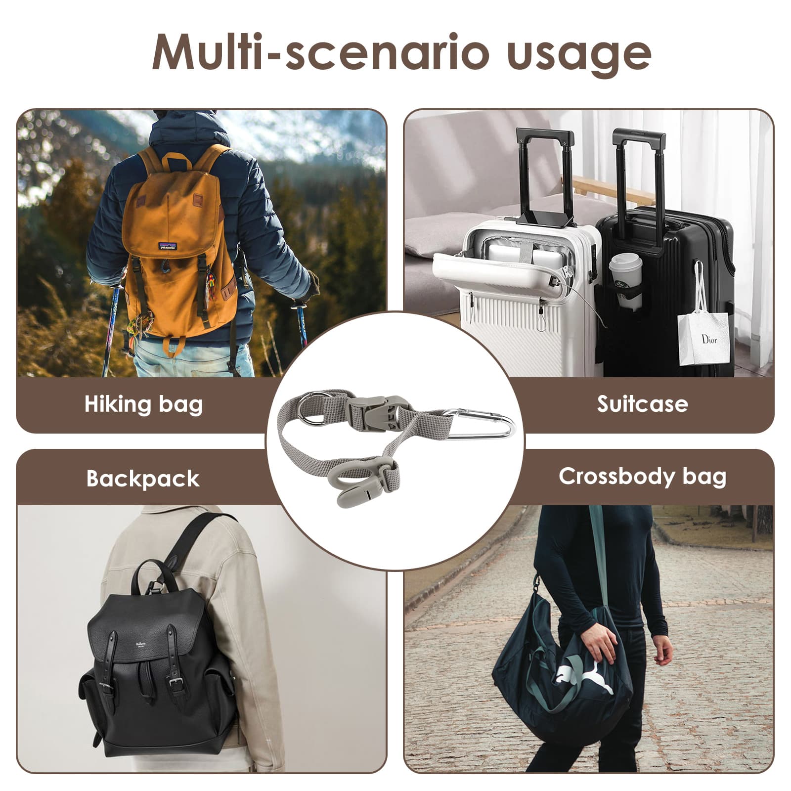 ReignSword 2 Pcs Add-A-Bag Luggage Straps, Heavy Duty Adjustable Suitcase Belts for Connecting Multiple Bags, Hands-Free Travel Accessories with Hat Clip and Drink Holder (Beige) - 5