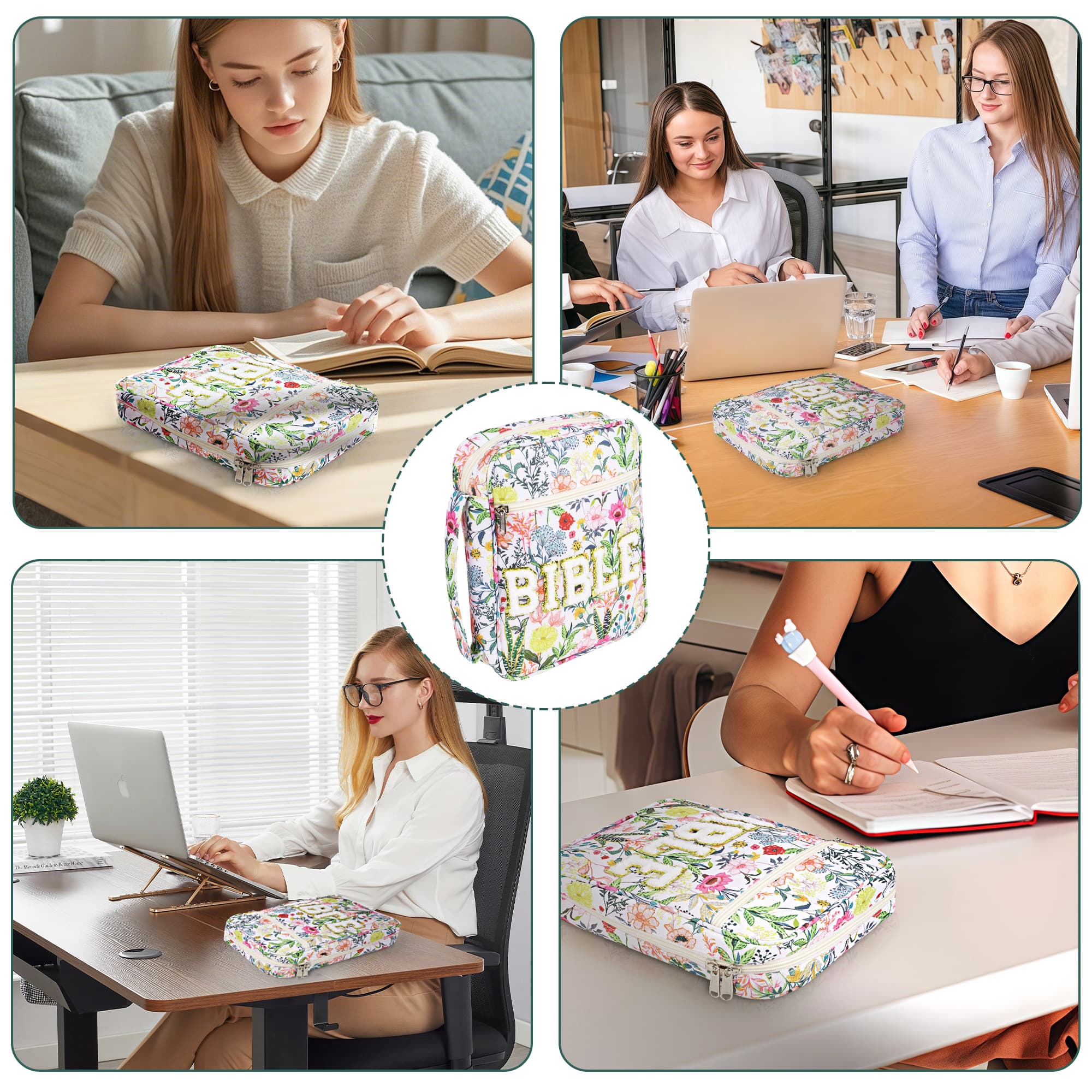 ReignSword Bible Cover Case for Women with No Bleed Sticky Tabs, Bible Tabs, Bible Carrying Bag Case with Handle for Study Supplies Accessories (White Floral) - 5