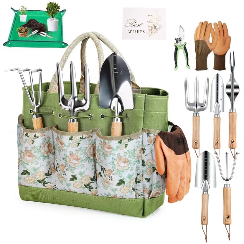 ReignSword Gardening Tools Set, 9 Piece Set Heavy Duty Gardening Hand Tools with Storage Bag, Repotting Mat and Greeting Card, Ideal Gifts for Women & Men