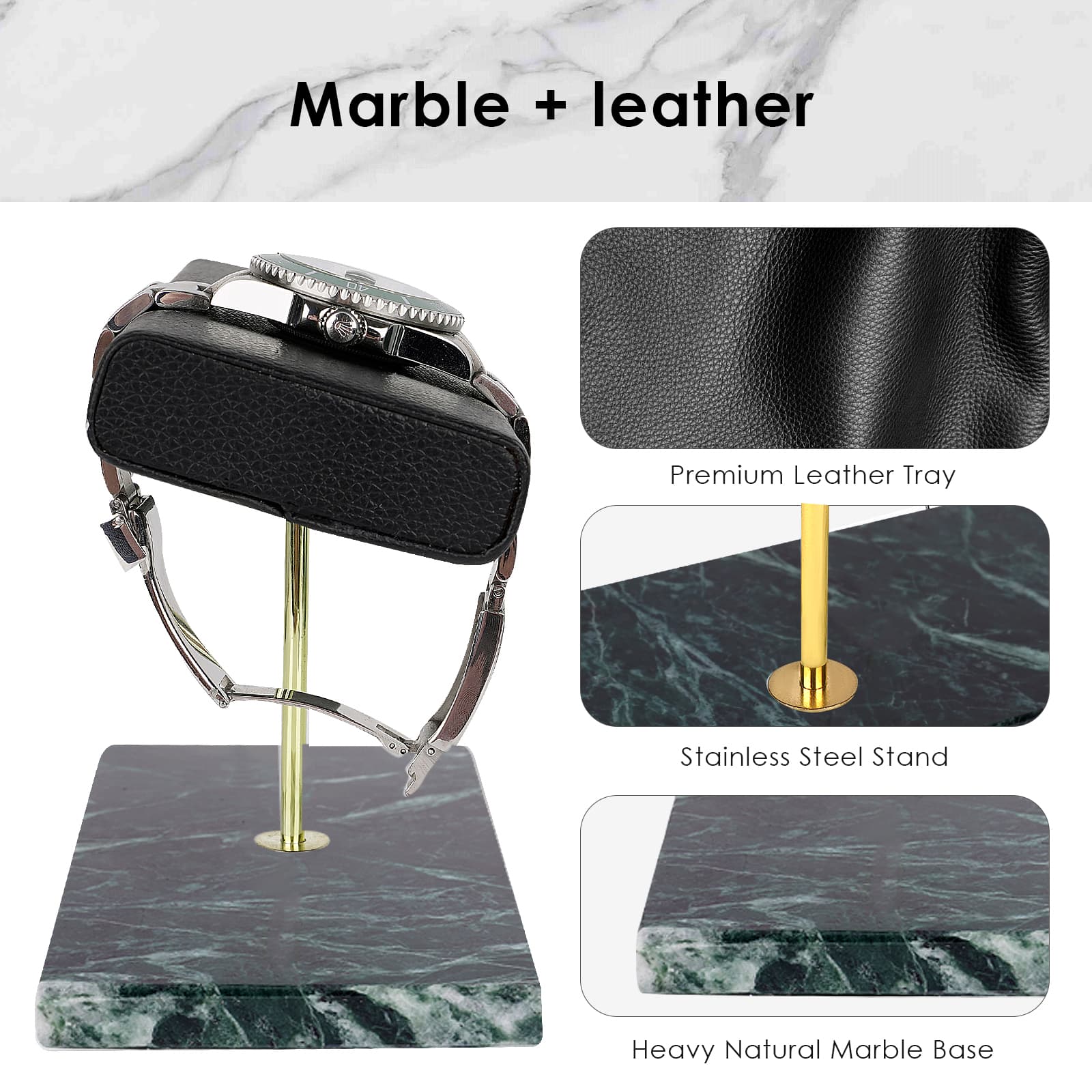 ReignSword Watch Stand with Marble Base, Vegan Leather Watch Stand, Wrist Watch Display Organizer Holder for Men and Women (Green) - 2