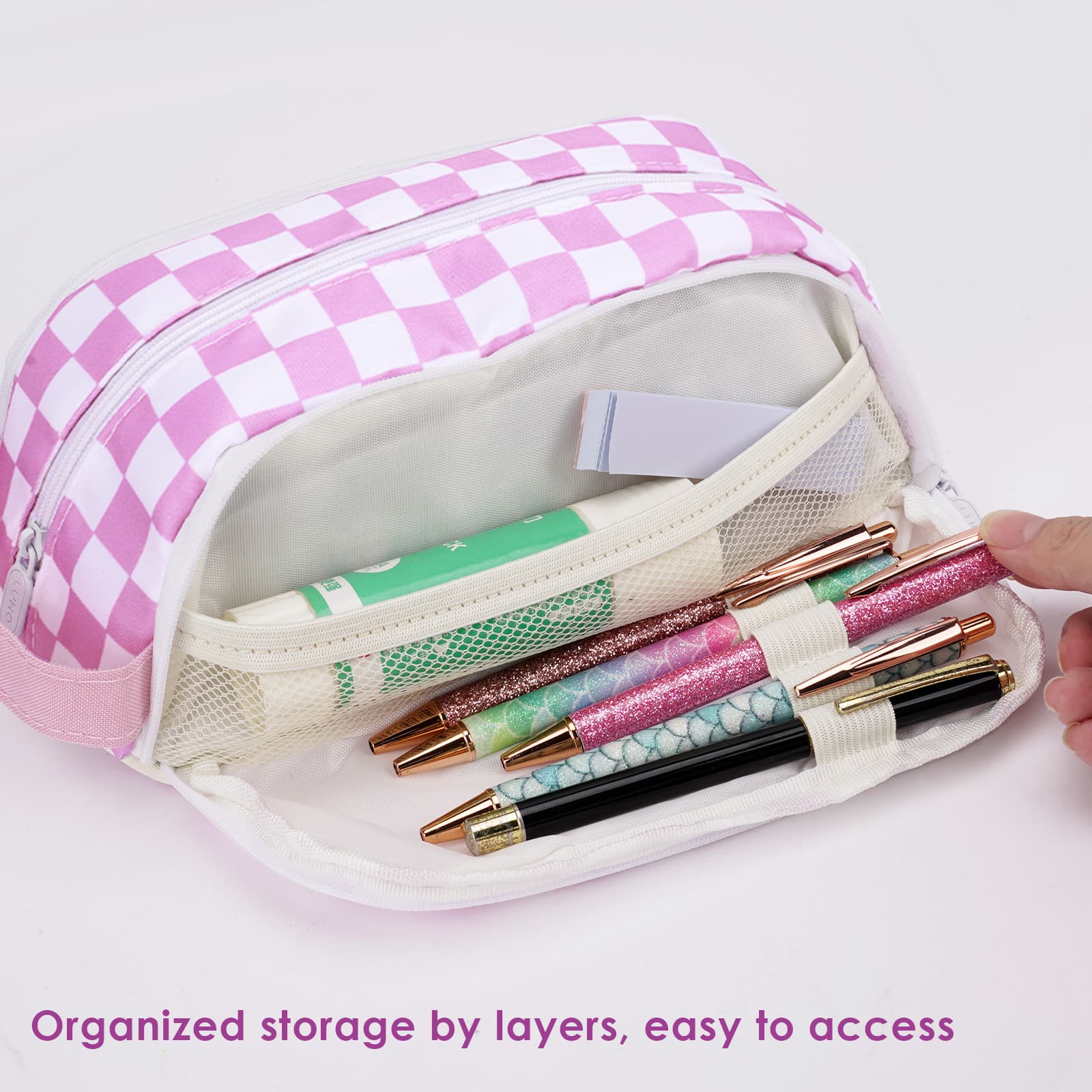 ReignSword Large Capacity Pen Case with Cute Broochs, Portable Pen Pouch with Handle, Pen Bag for Office Writing Stationery Supplies (Pink) - 2