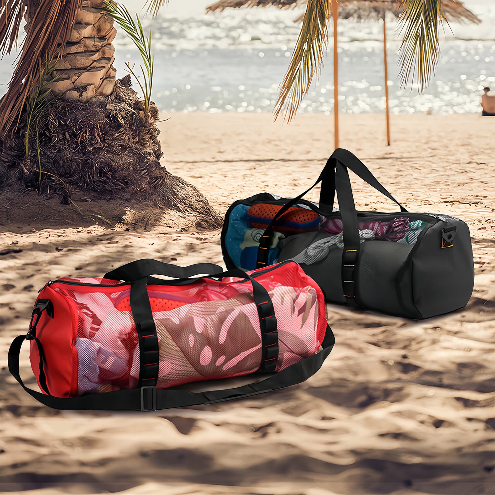 ReignSword Mesh Duffle Bag for Scuba Dive or Snorkel, 22.8 x 10.6 x 10.6 Inches Portable Snorkeling Equipment Carry Bag with Adjustable Shoulder Strap (Black) - 4