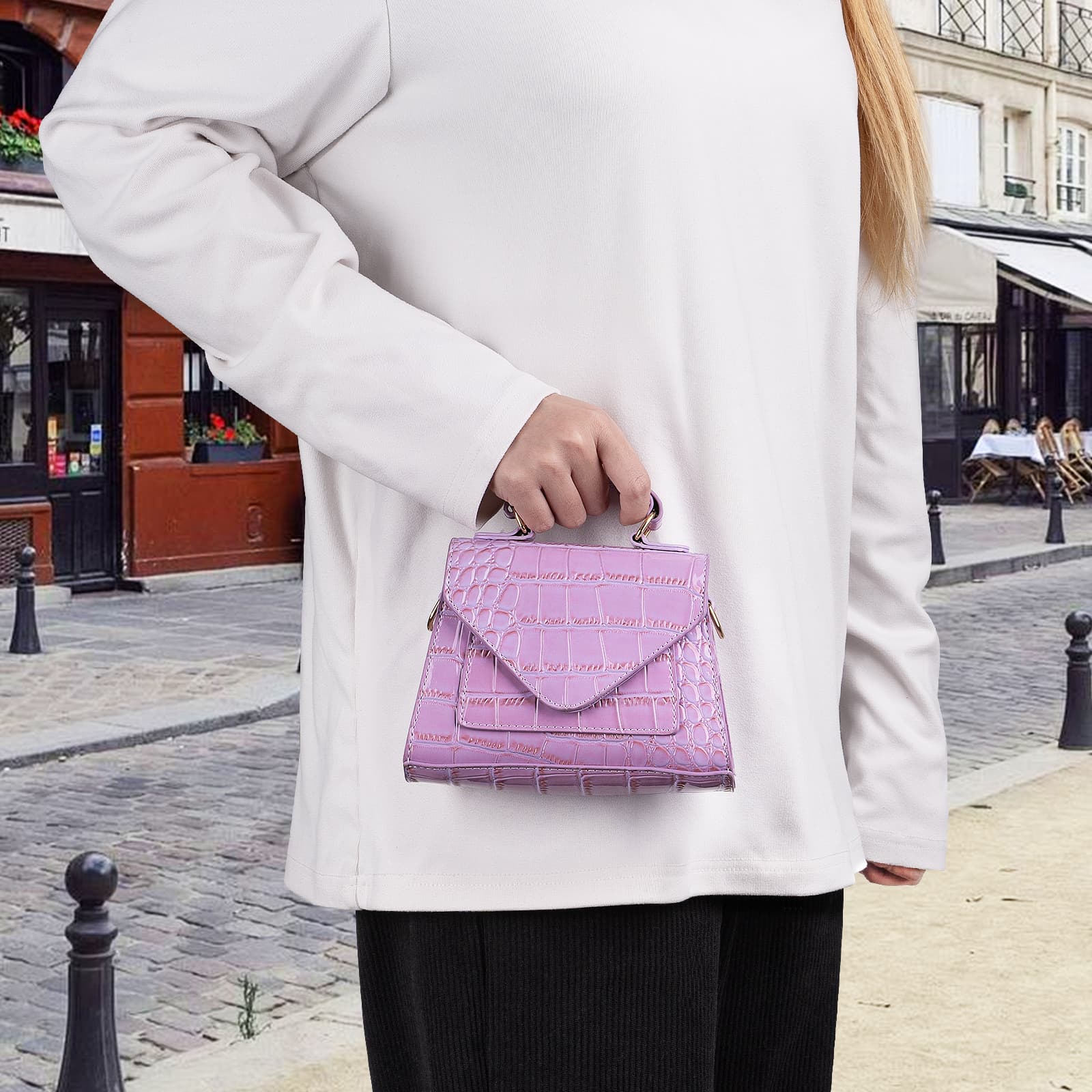ReignSword Small Crossbody Bags for Women, Vegan Leather Crocodile Pattern Mini Purse, Trendy Clutch Top Handle Shoulder Handbag (Not Compatible with Phone) (Purple) - 6