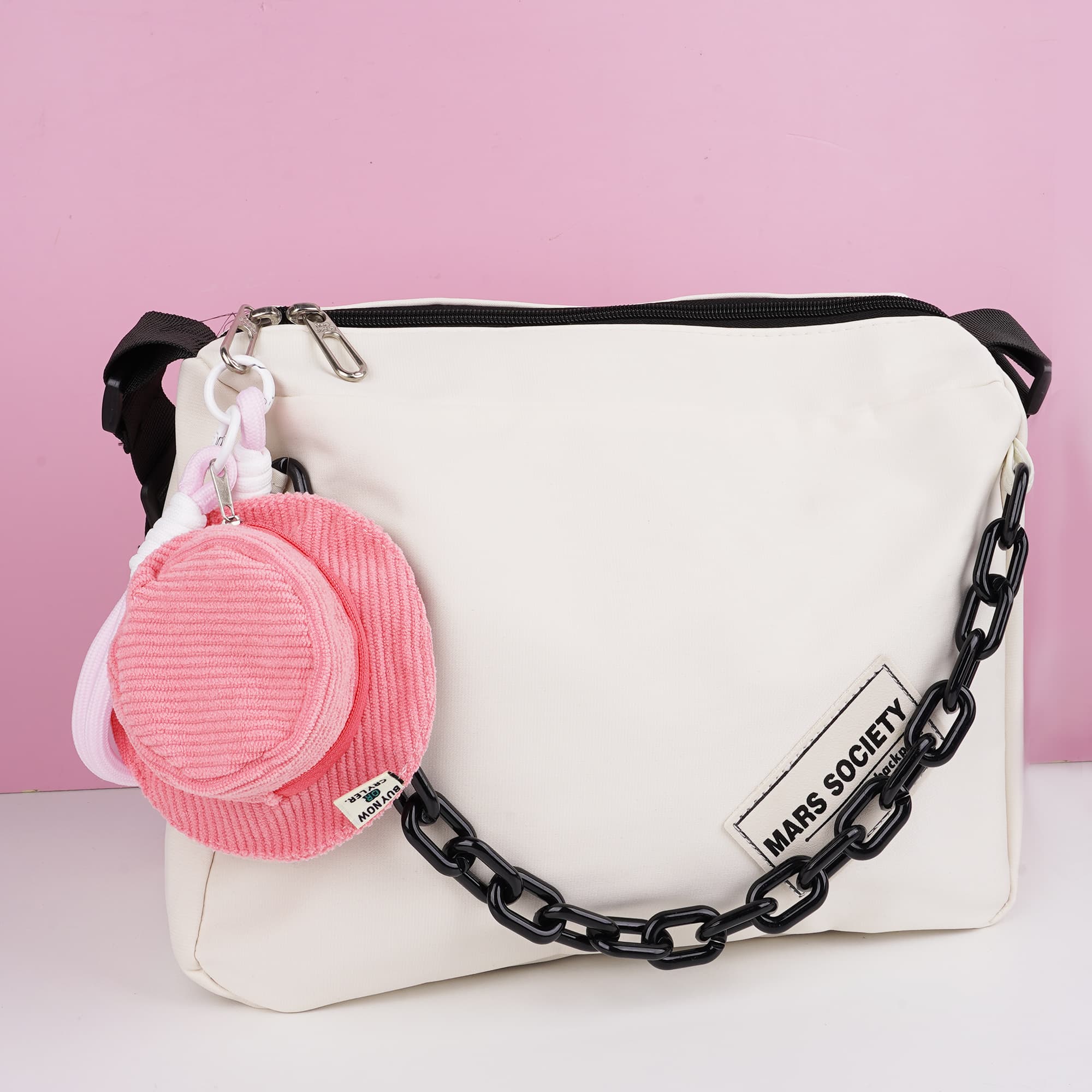 ReignSword Corduroy Coin Purse with KeyChain, Cute Fisherman Hat Keychain for Women, Portable Mini Wallet Suitable for Coin Headphones (Pink) - 4