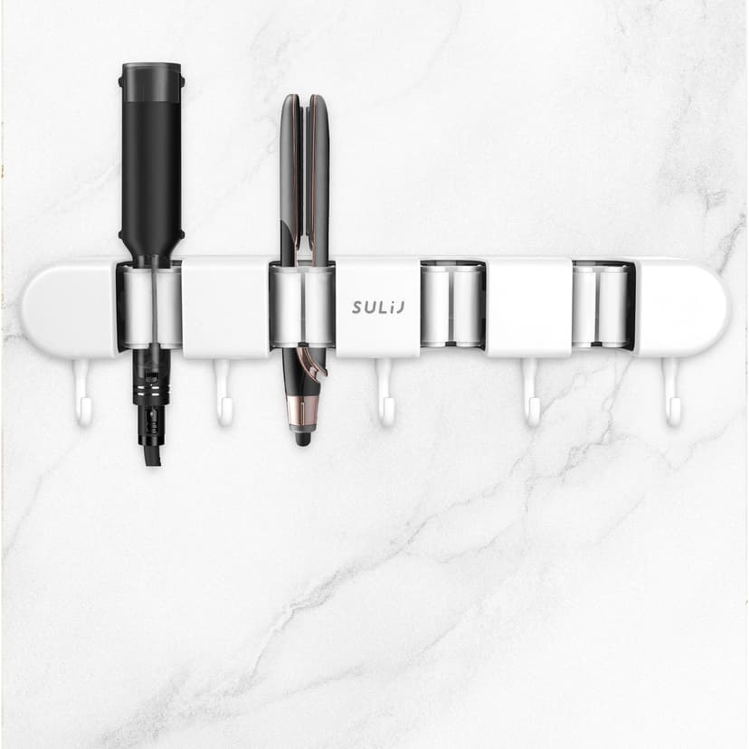 ReignSword Hair Straightener Holder Wall Mounted, Adhesive Curling Iron Holder for Bathroom, 4 Racks and 5 Hooks Hair Tool Organizer for Flat Irons, Curling Wands (White)