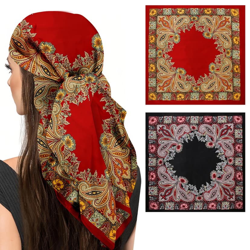 ReignSword 35” Large Square Head Scarf for Women, 2 Pcs Like Silk Hair Fashion Scarves, Silk Bandana Scarf for Hair Wrapping (Red, Red Black)