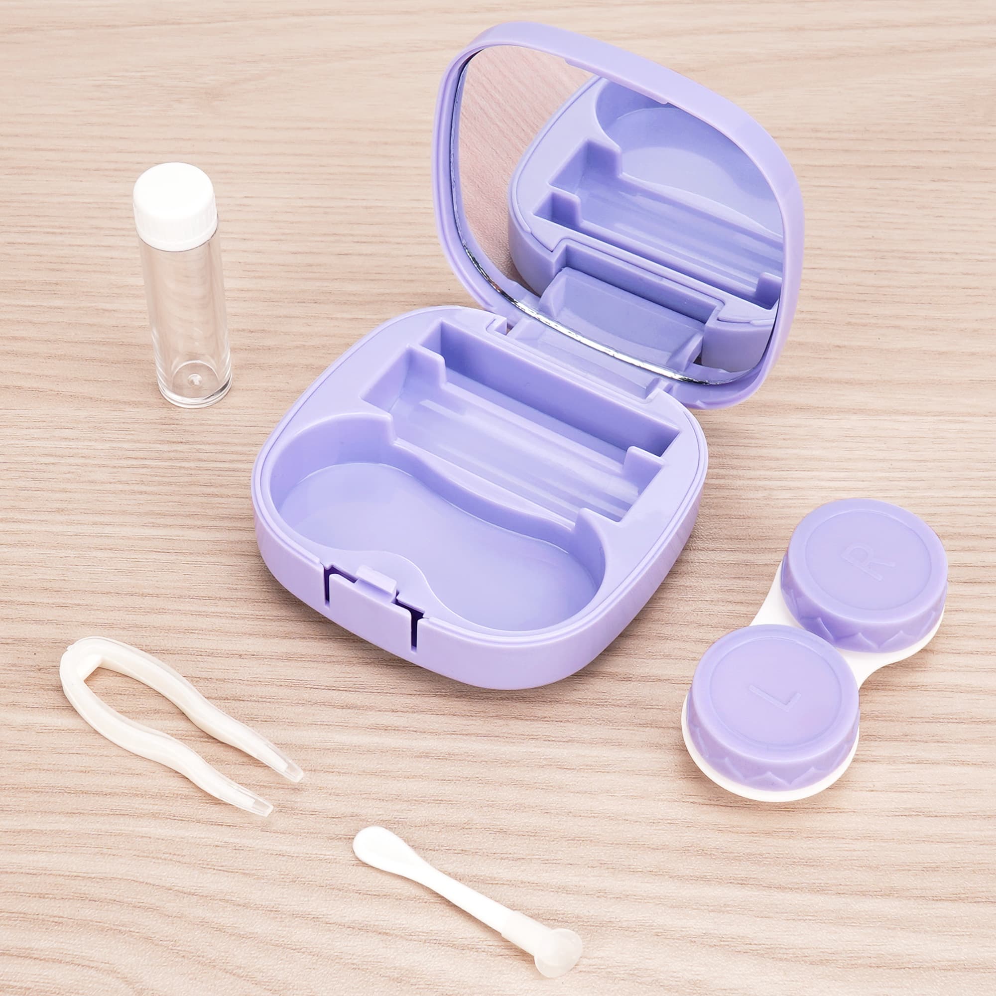ReignSword 2 Pack Contact Lens Case with Manual Cleaner, Portable Travel Contact Cases Kit with Mirror for Daily & Outdoor Use,  Includes Solution Bottle Tweezers Cleaning Tool (White & Purple) - 3
