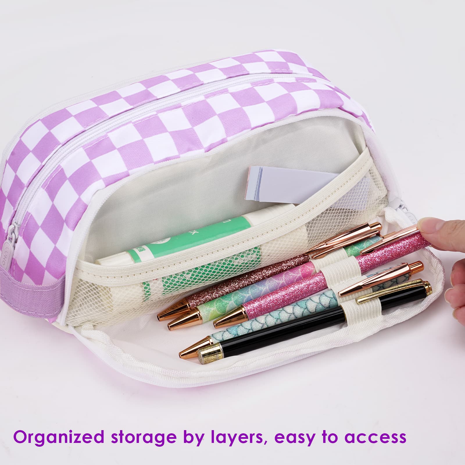 ReignSword Large Capacity Pen Case with Cute Broochs, Portable Pen Pouch with Handle, Pen Bag for Office Writing Stationery Supplies (Purple) - 2