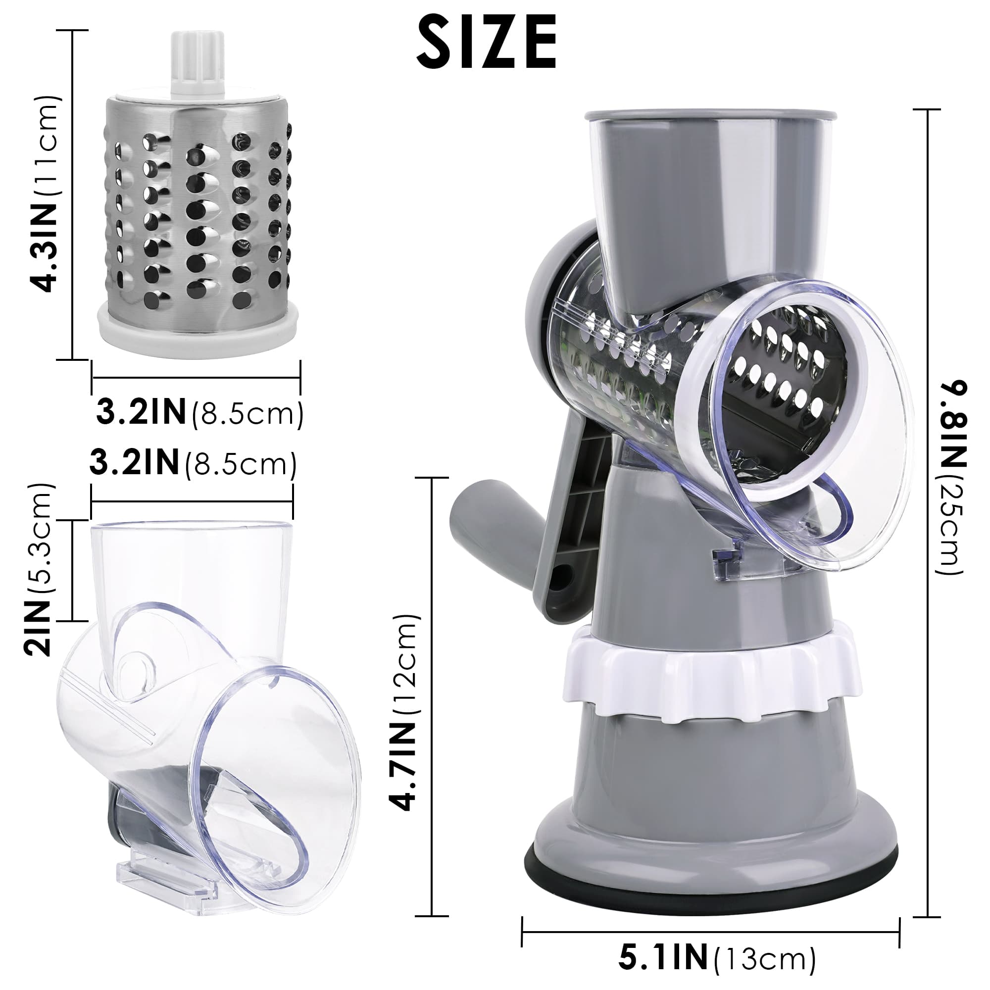 ReignSword Rotary Cheese Grater Hand Crank with Peeler, Cheese Shredder with 3 Stainless Steel Changeable Blades, Kitchen Food Slicer with Non-Slip Suction Base for Cheese Fruit Vegetables Nuts (Gray) - 1