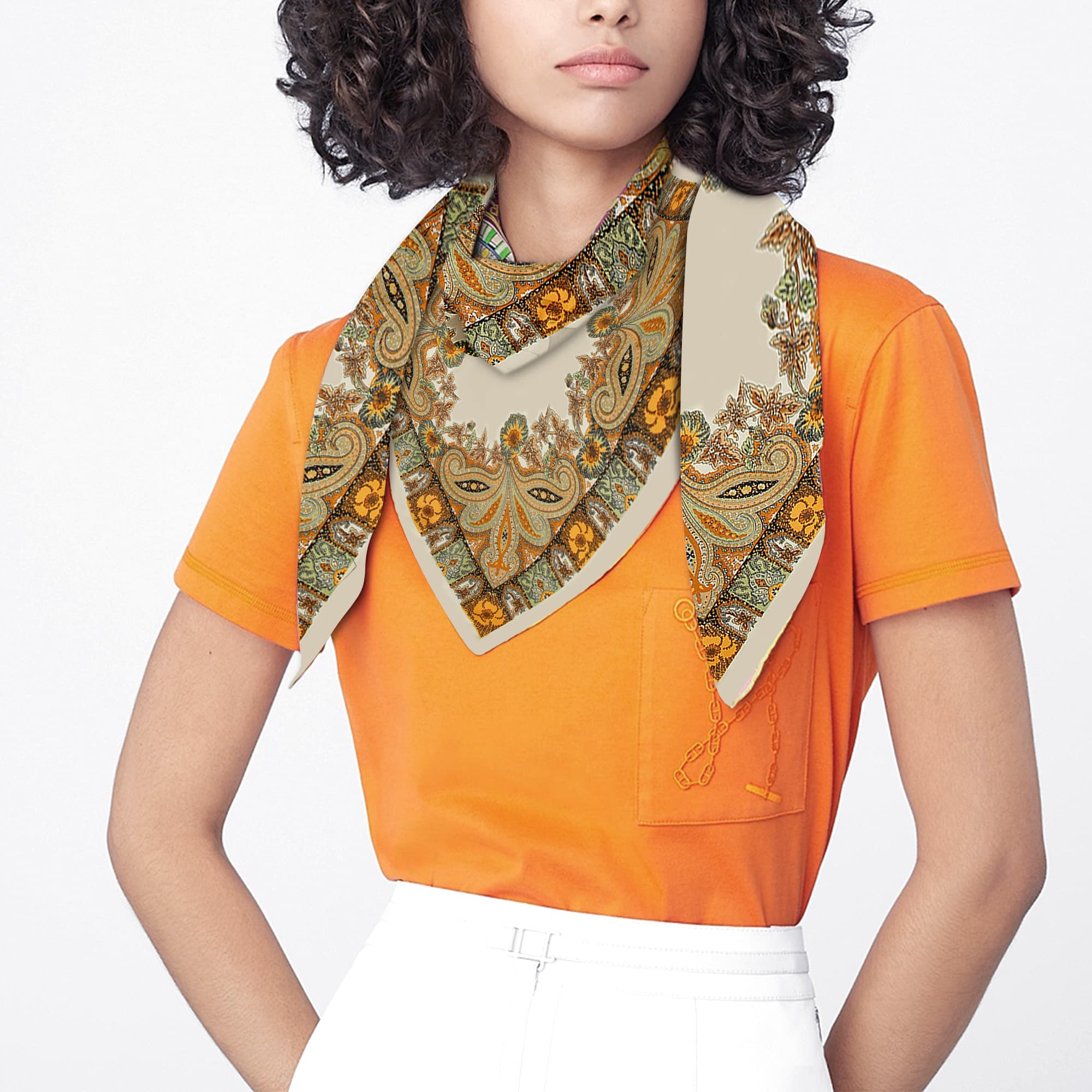 ReignSword 35” Large Square Head Scarf for Women, 2 Pcs Like Silk Hair Fashion Scarves, Silk Bandana Scarf for Hair Wrapping (Beige, Yellow Black) - 1