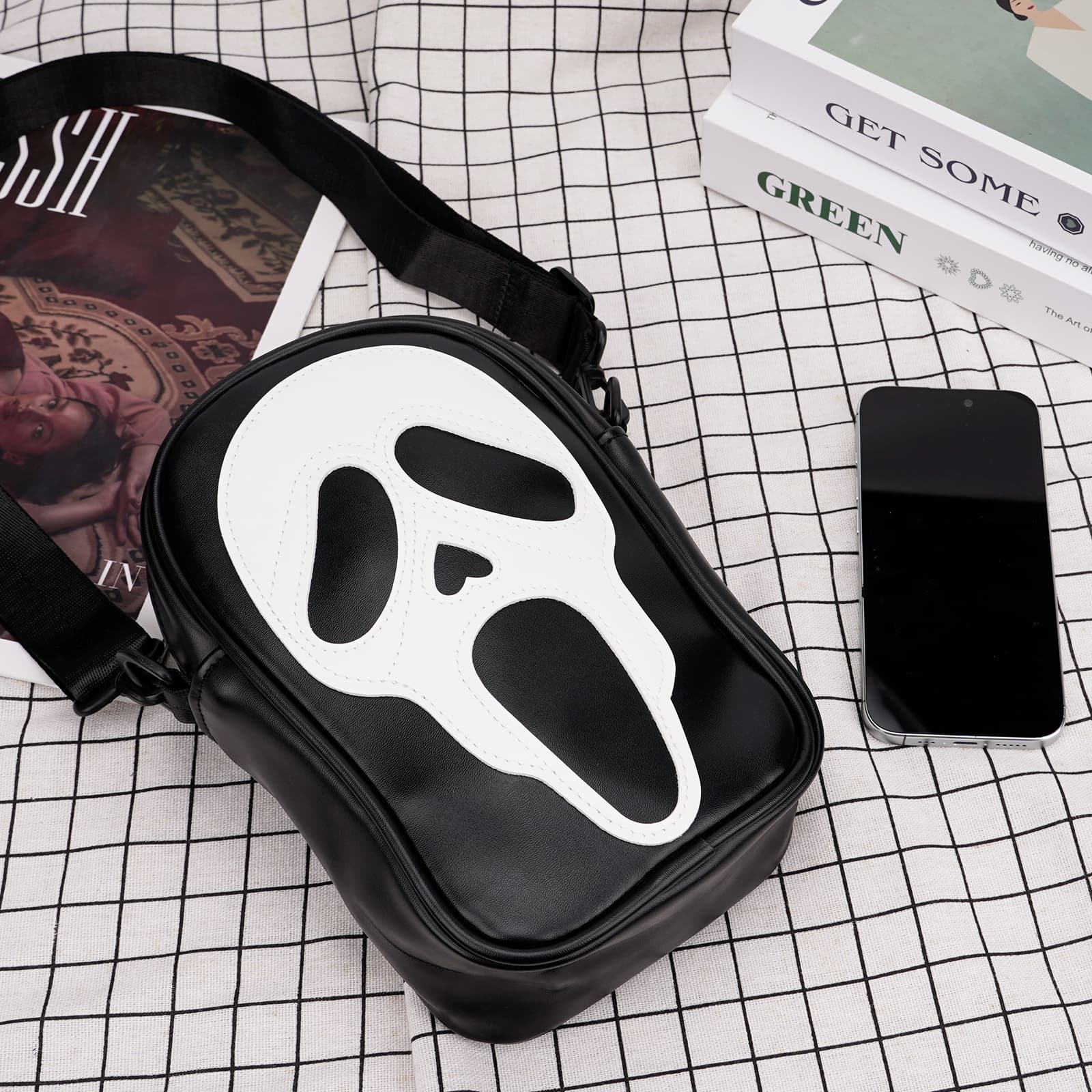 ReignSword Halloween Skull Face Messenger Bag, Vegan Leather Crossbody Bag, Novelty Ghost Purse Shoulder Bag (Black) - 3