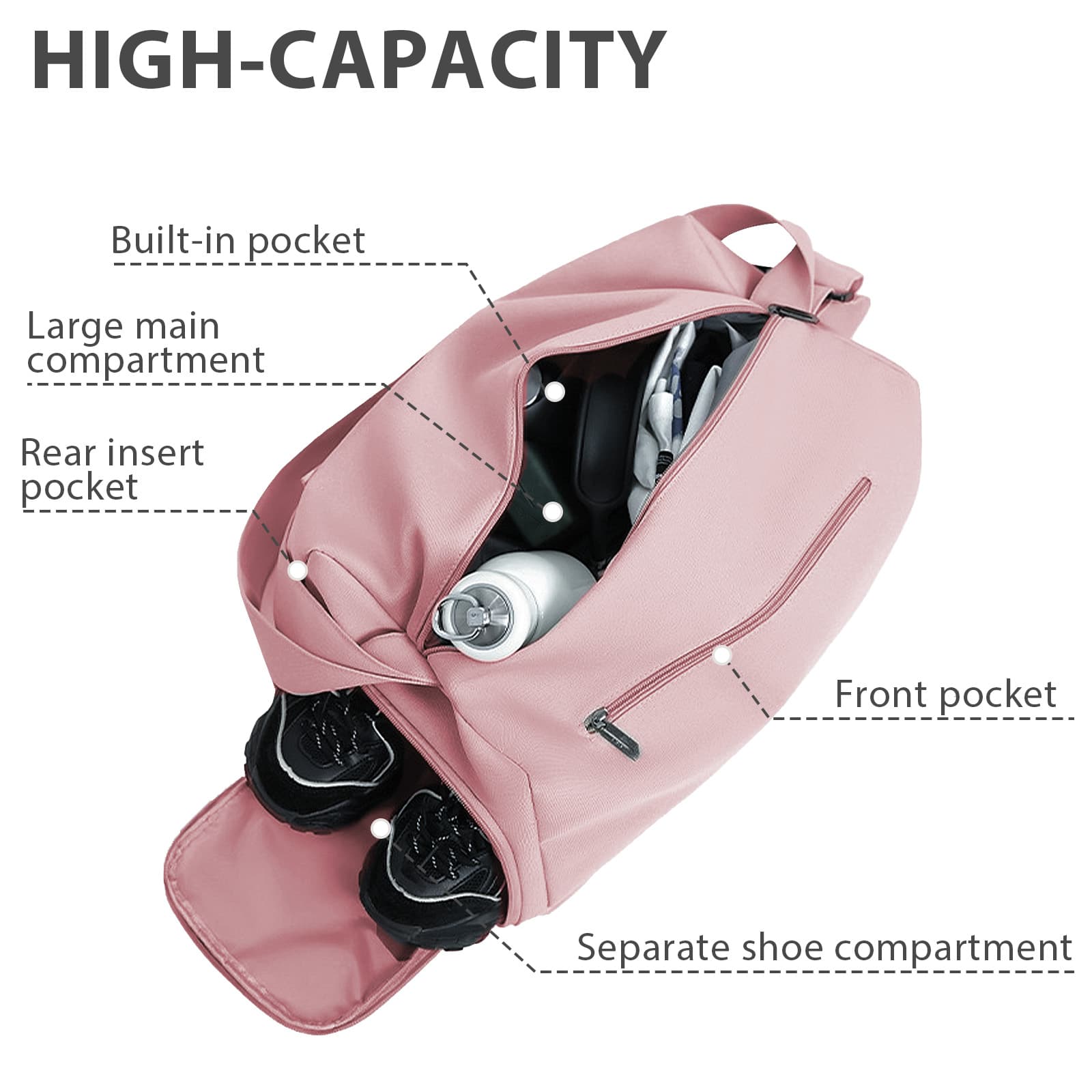 ReignSword Gym Bag with Shoes Compartment, Waterproof Travel Sports Duffle Bag, Weekender Overnight Carry on Duffel Bag for Women (Pink) - 2
