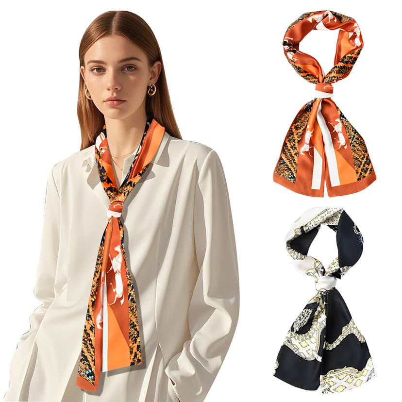 ReignSword Like Silk Neck Head Scarf for Women, Fashion Printed Neck Wrap, Hair Tie and Handbag Accessory, Lightweight Breathable 5.5 x 59 Inch Long Scarf (2 Pcs, Style Mix B)