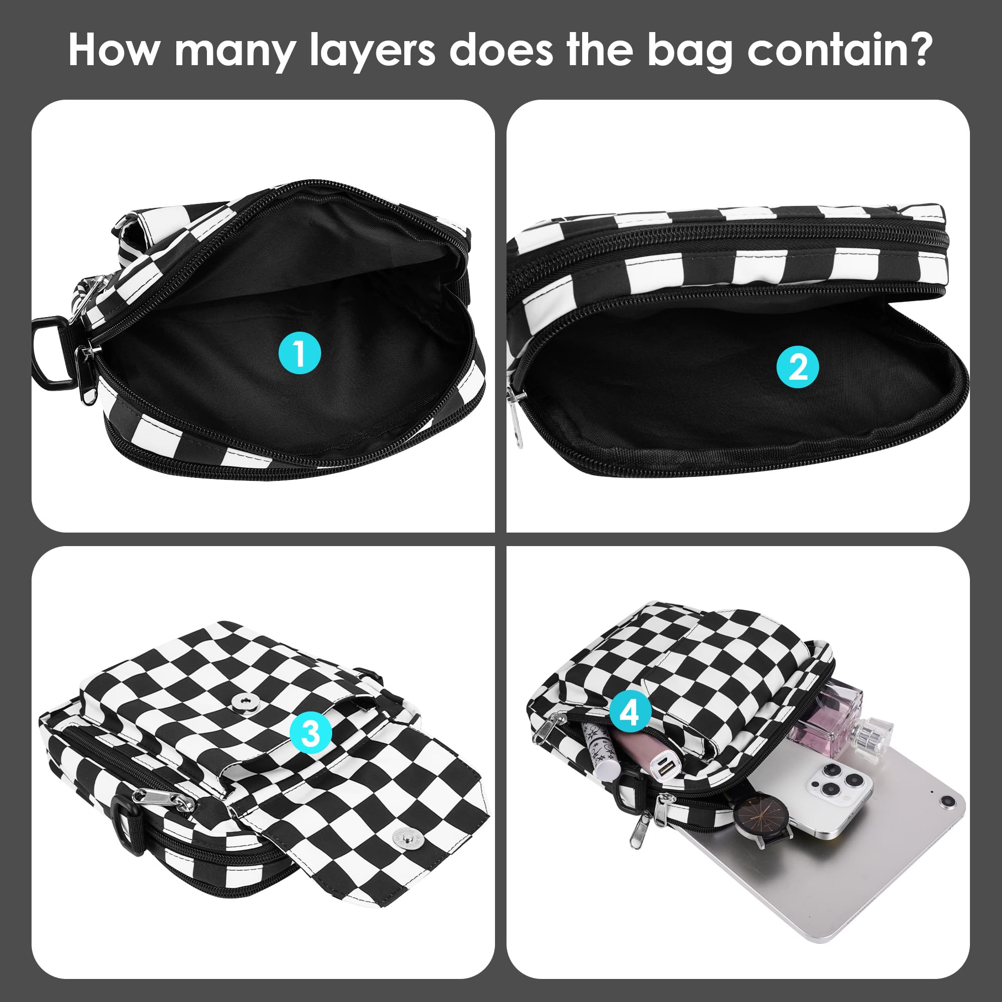 ReignSword Mini Crossbody Messenger Bag for Women Men, Cute Nylon Shoulder Purse Bag with Detachable Frog Pendant, Checkered - 5