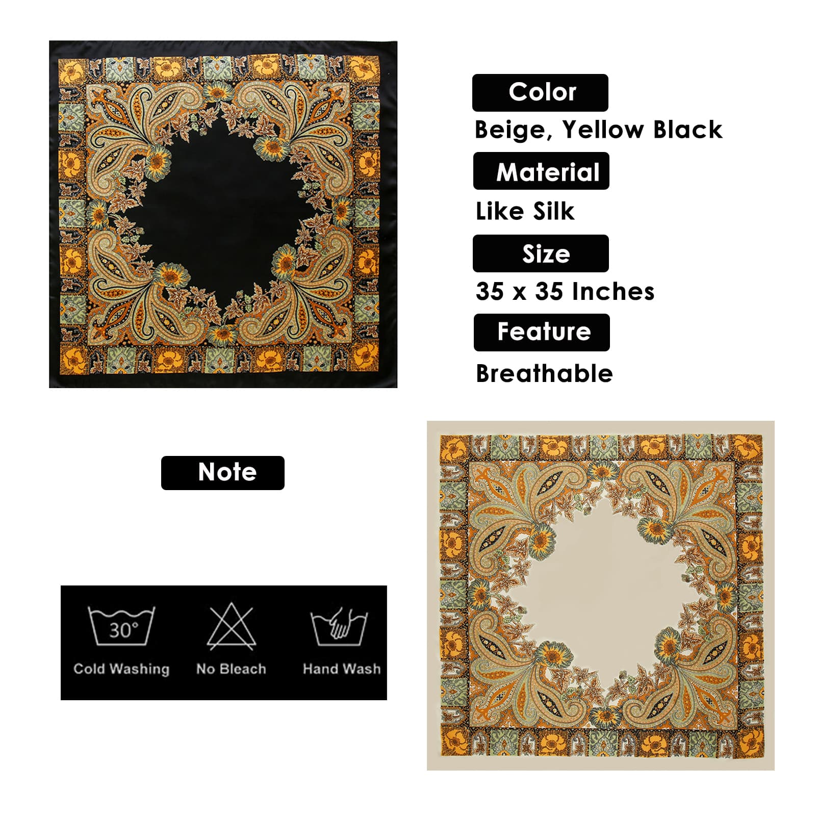 ReignSword 35” Large Square Head Scarf for Women, 2 Pcs Like Silk Hair Fashion Scarves, Silk Bandana Scarf for Hair Wrapping (Beige, Yellow Black) - 4