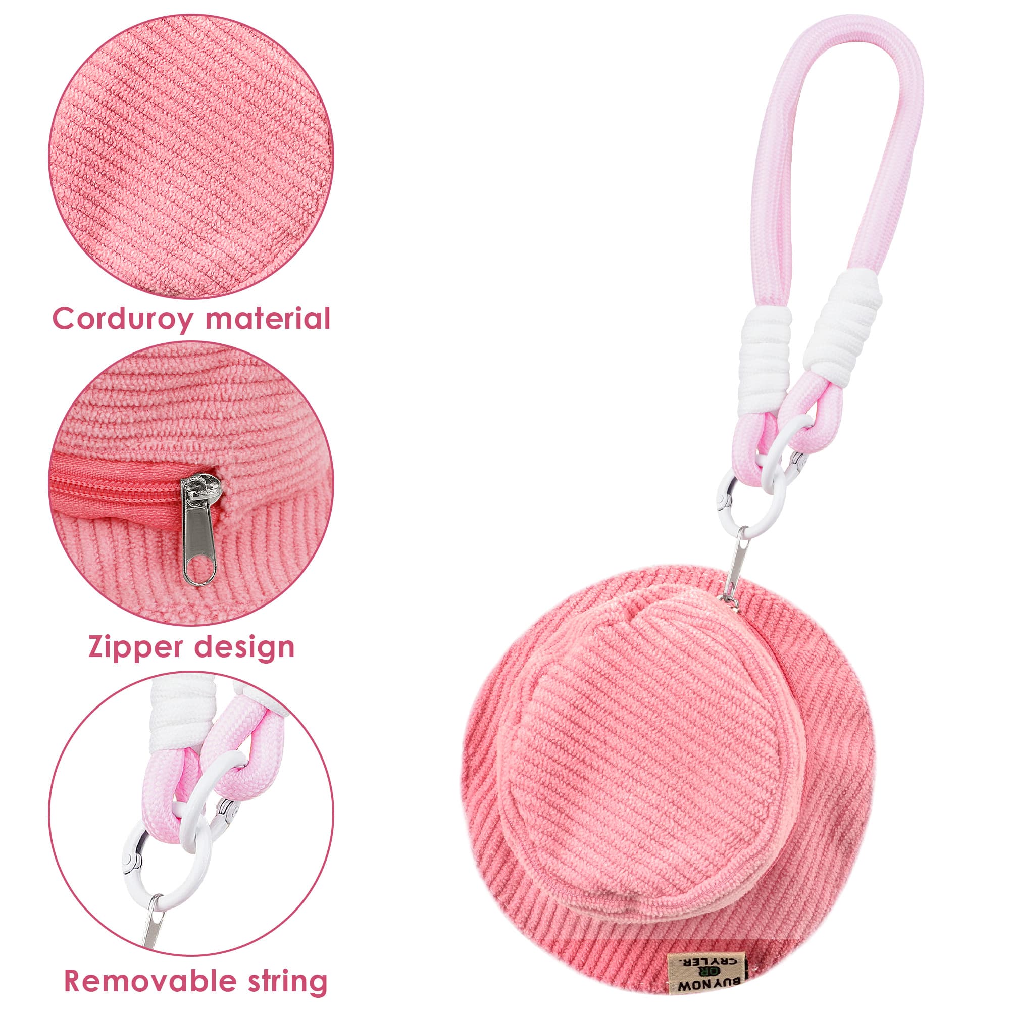 ReignSword Corduroy Coin Purse with KeyChain, Cute Fisherman Hat Keychain for Women, Portable Mini Wallet Suitable for Coin Headphones (Pink) - 2