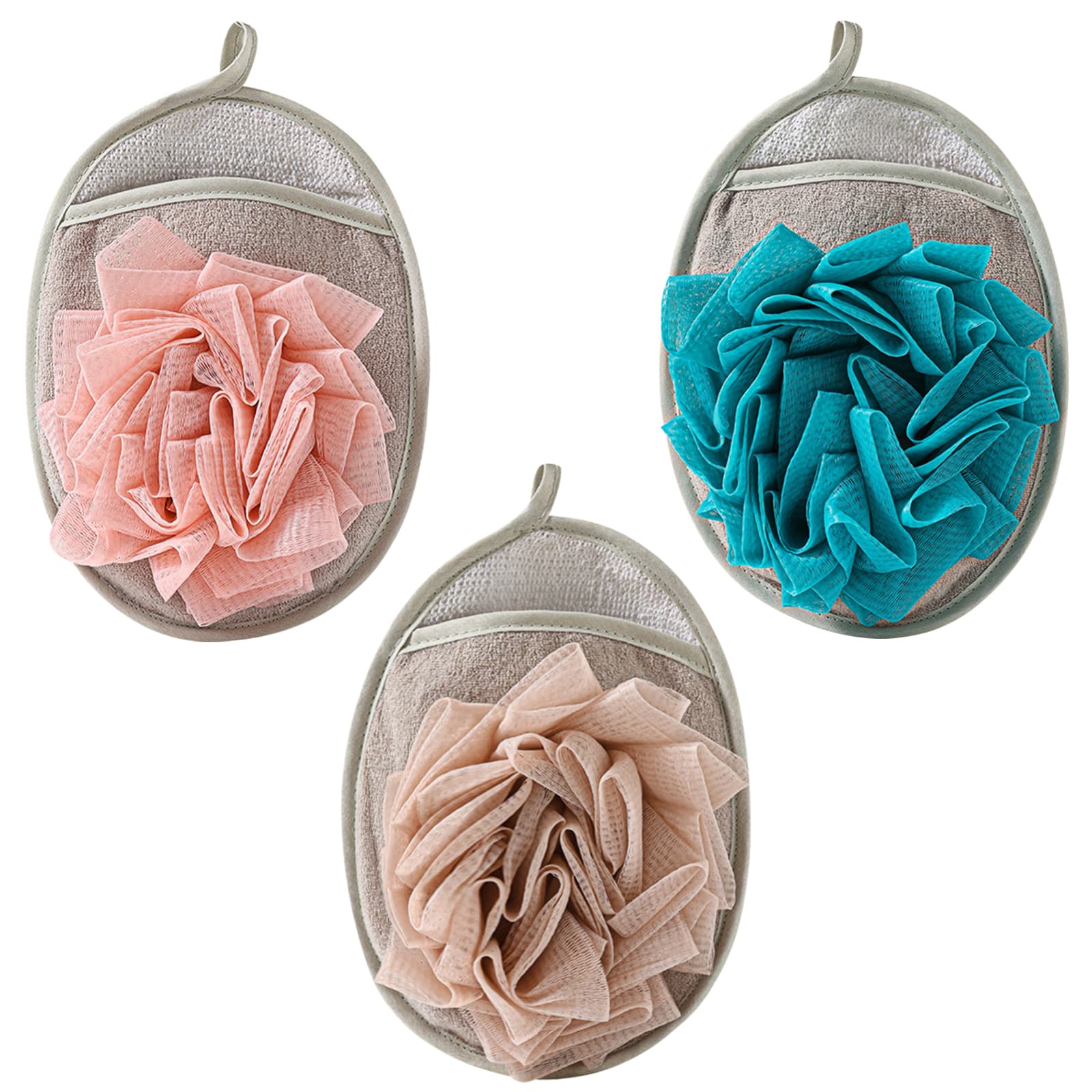 ReignSword 3 Pack Bath Shower Pouf Sponge, Mesh Brush Bath Shower Glove with Flower Bath Ball, Exfoliating Body Sponge Pad for Women - 5