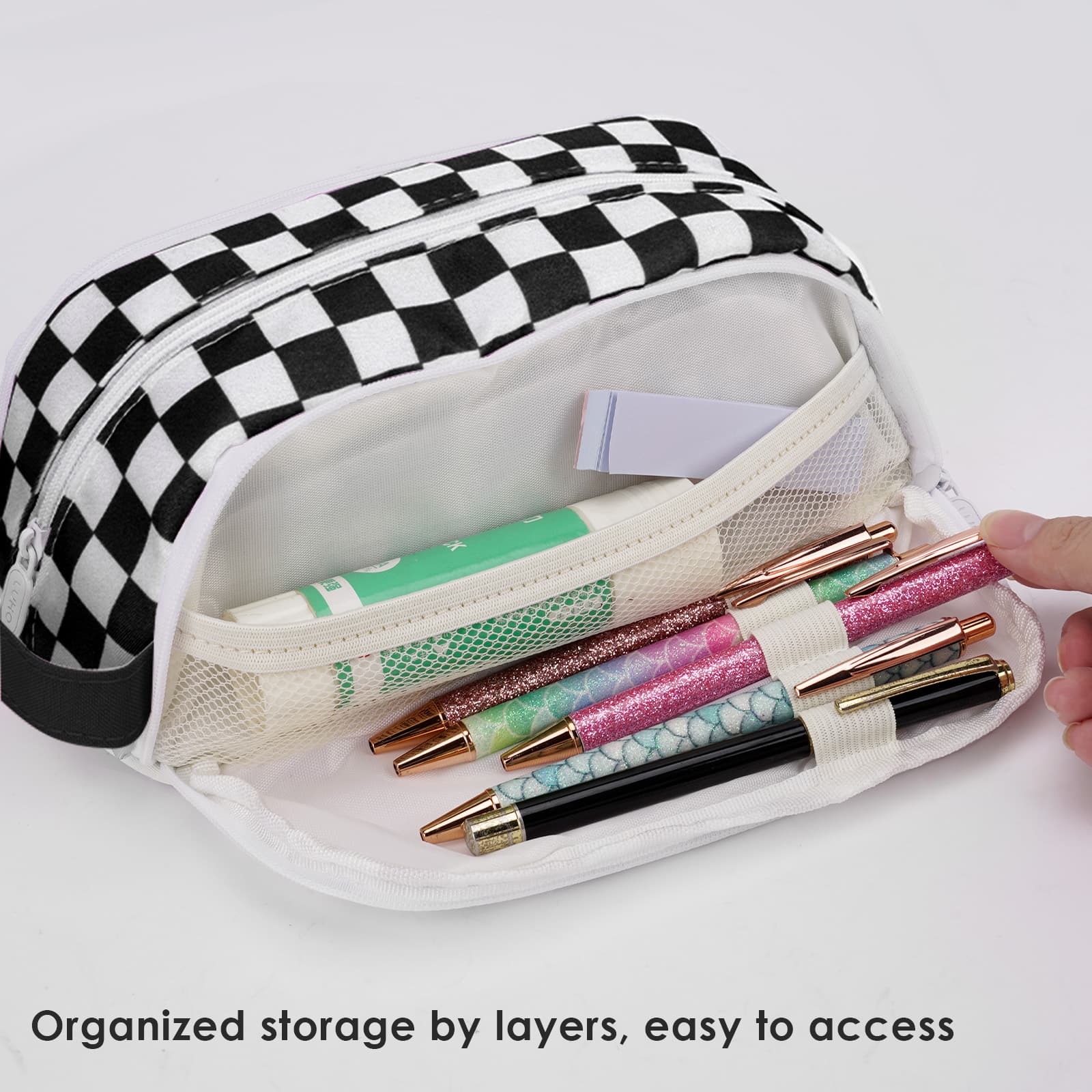 ReignSword Large Capacity Pen Case with Cute Broochs, Portable Pen Pouch with Handle, Pen Bag for Office Writing Stationery Supplies (Black) - 2