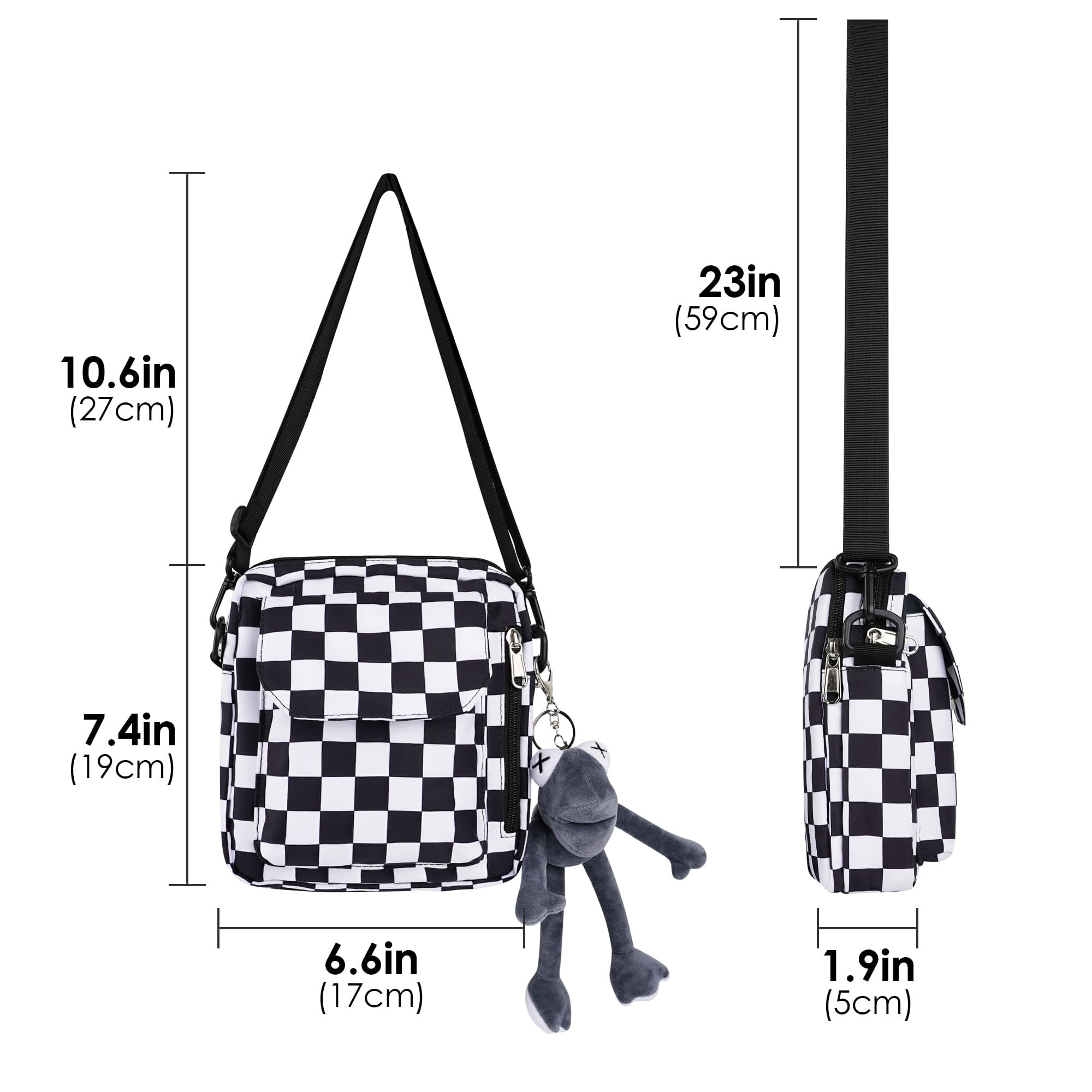 ReignSword Mini Crossbody Messenger Bag for Women Men, Cute Nylon Shoulder Purse Bag with Detachable Frog Pendant, Checkered - 2