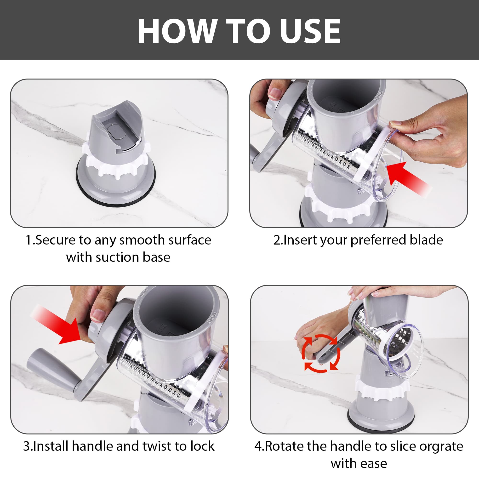 ReignSword Rotary Cheese Grater Hand Crank with Peeler, Cheese Shredder with 3 Stainless Steel Changeable Blades, Kitchen Food Slicer with Non-Slip Suction Base for Cheese Fruit Vegetables Nuts (Gray) - 3