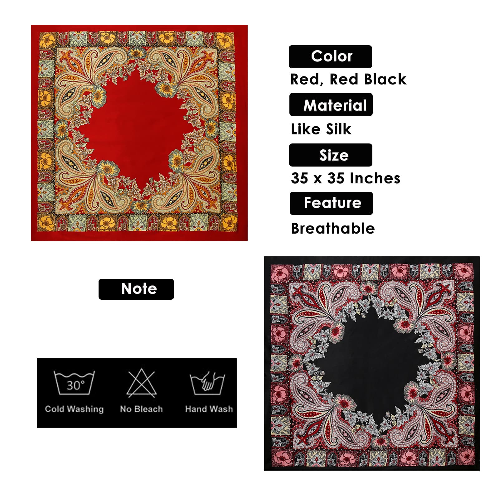 ReignSword 35” Large Square Head Scarf for Women, 2 Pcs Like Silk Hair Fashion Scarves, Silk Bandana Scarf for Hair Wrapping (Red, Red Black) - 4