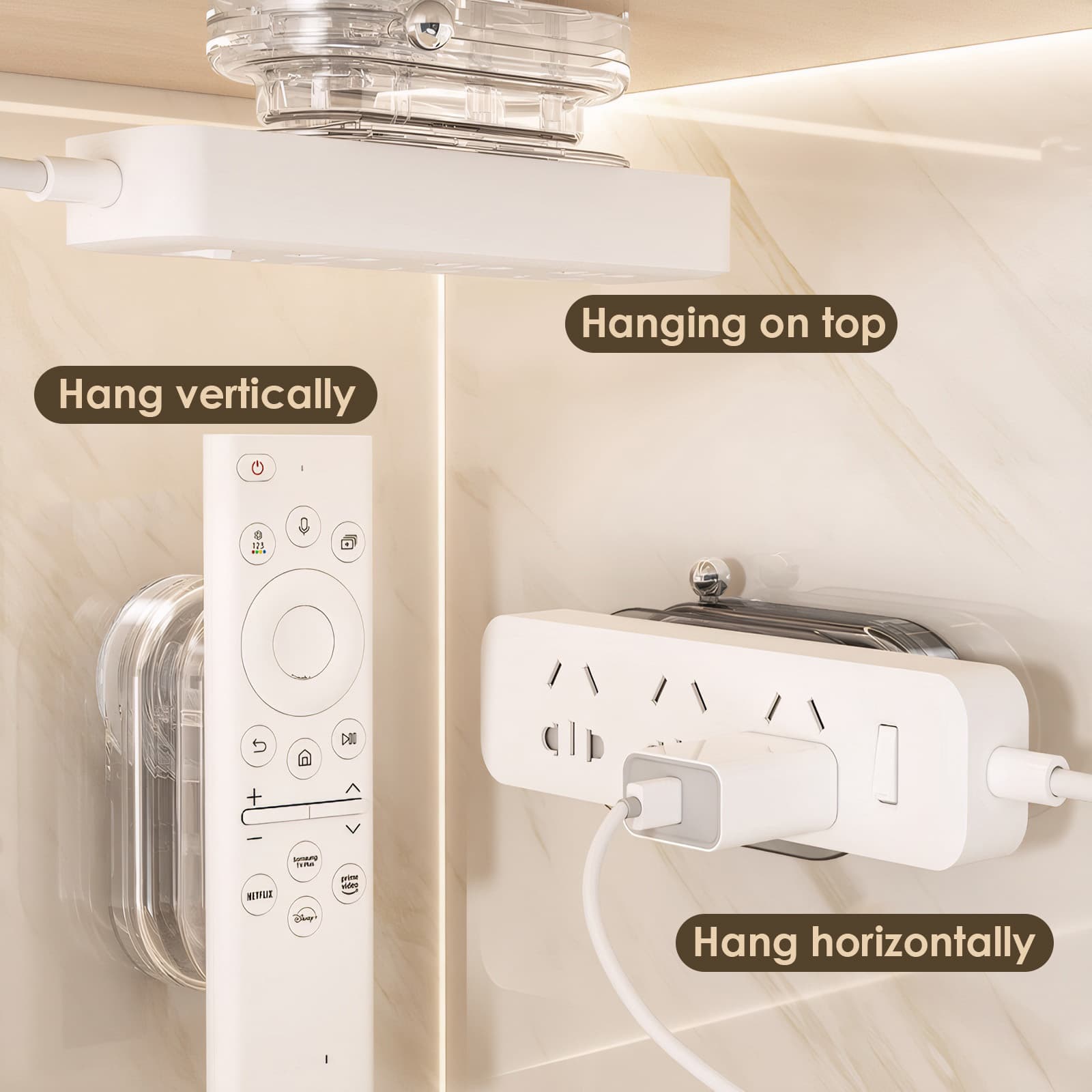 ReignSword Wall Mount Power Strip Holder, Self Adhesive Desktop Mobile Socket Holder with Suction Cup, Socket Desktop Fixer for Kitchen Home Office (Clear) - 2