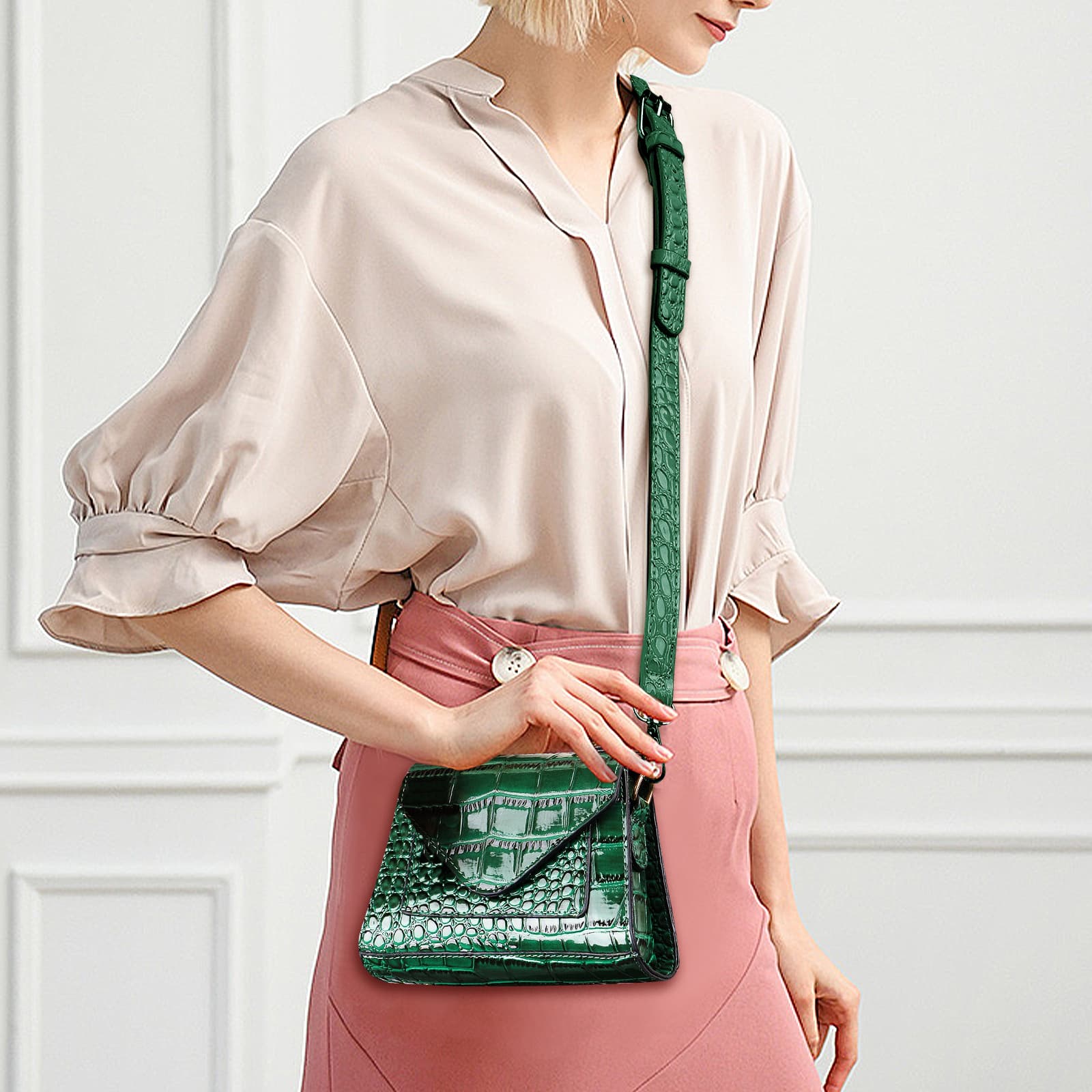 ReignSword Small Crossbody Bags for Women, Vegan Leather Crocodile Pattern Mini Purse, Trendy Clutch Top Handle Shoulder Handbag (Not Compatible with Phone) (Green) - 1
