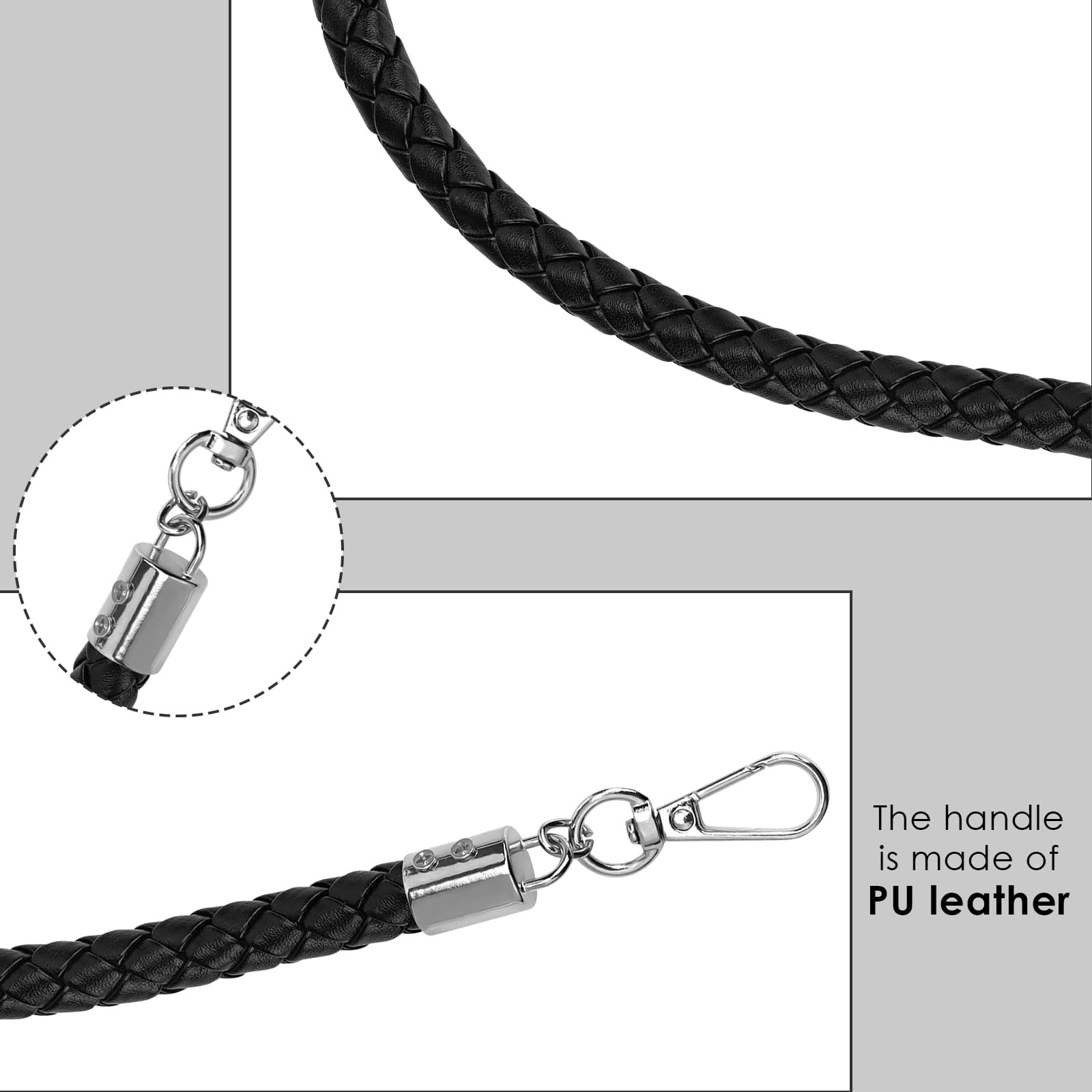 ReignSword Vegan Leather Purse Strap, 2 Pcs Vegan Leather Braided Purse Replacement Handle for Women's Shoulder Bag, Handbag Handles (Black, Sliver Hook) - 2
