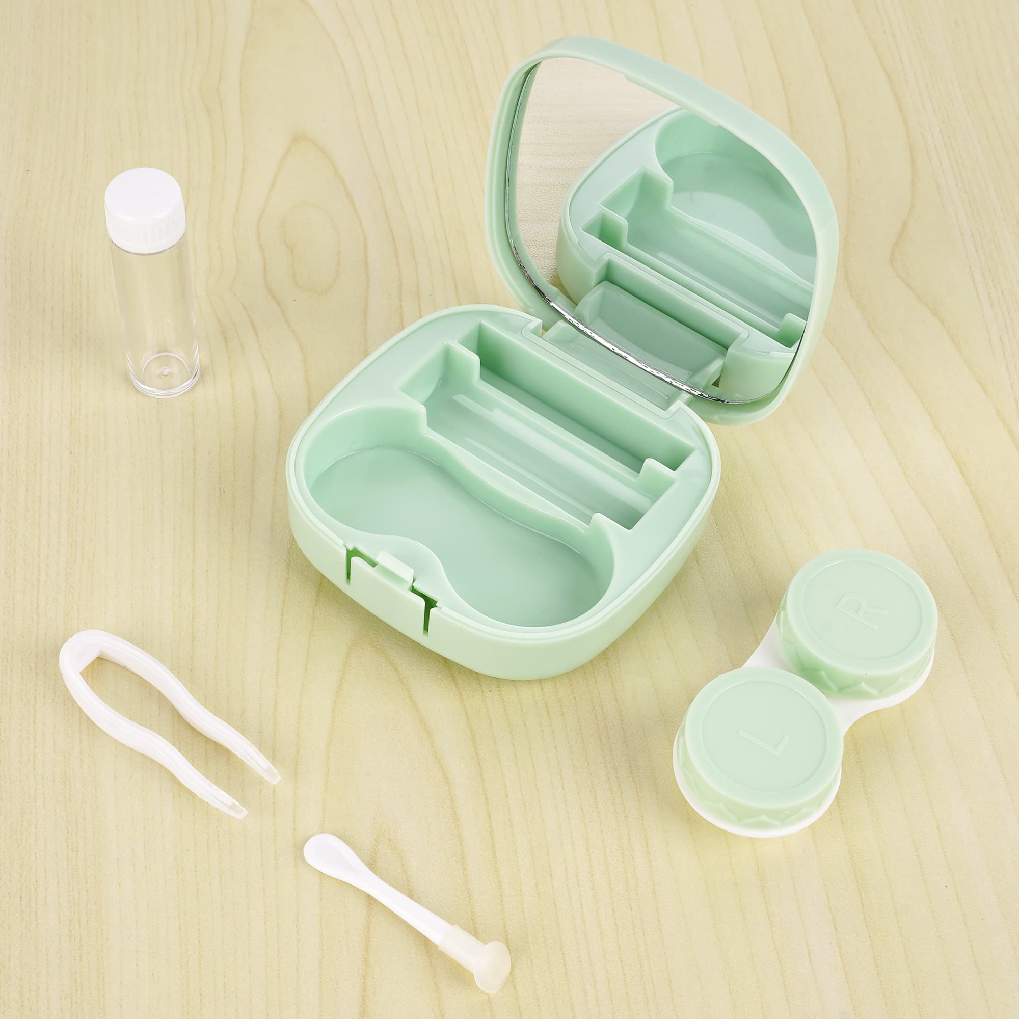 ReignSword 2 Pack Contact Lens Case with Manual Cleaner, Portable Travel Contact Cases Kit with Mirror for Daily & Outdoor Use,  Includes Solution Bottle Tweezers Cleaning Tool (Yellow & Green) - 2