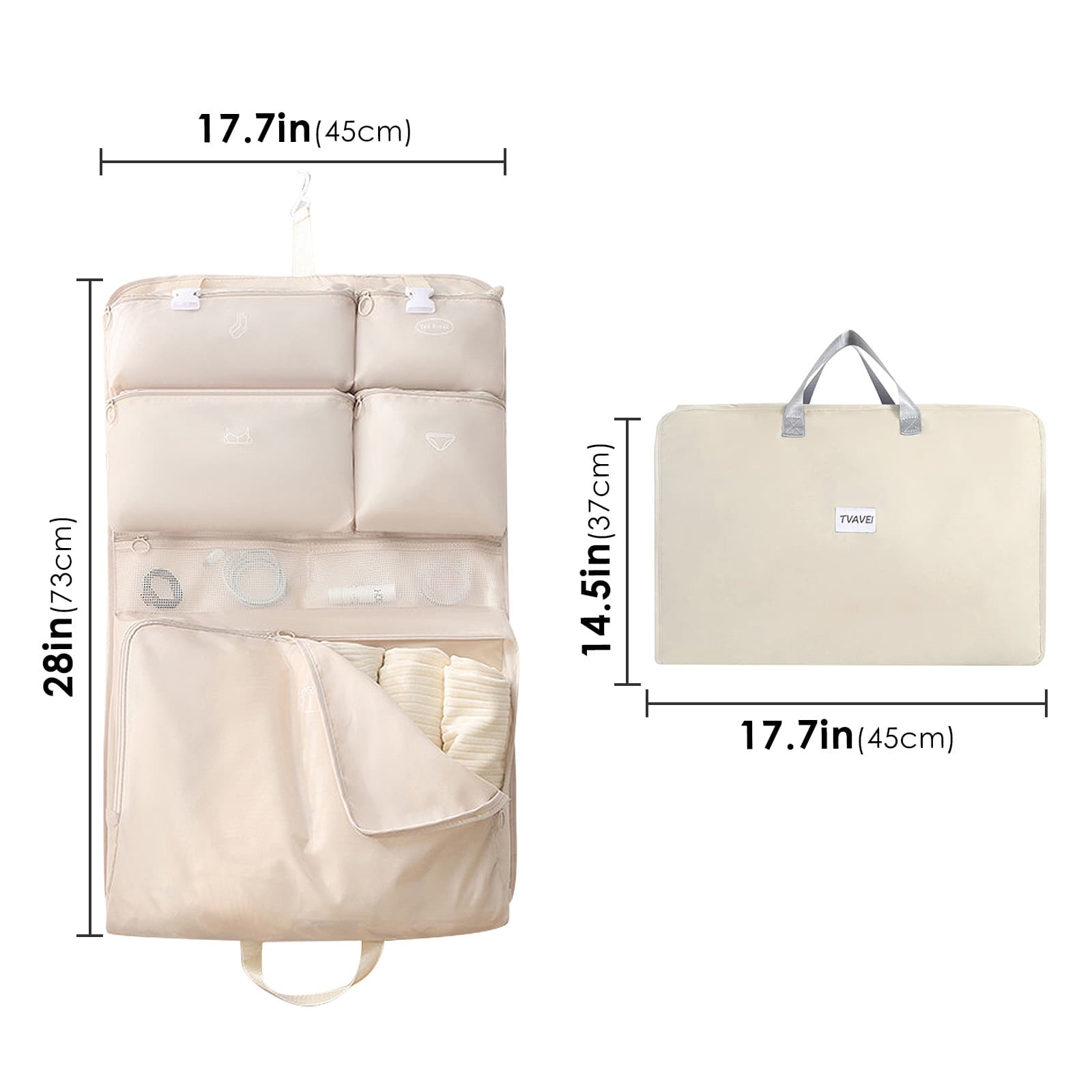 ReignSword Garment Bags for Travel, Foldable Carry on Travel Duffel Bag for Women, Hanging Weekender Overnight Bag for Clothes, Socks, Underwear, Panties (Off White) - 1
