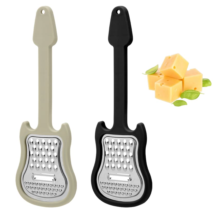 ReignSword 2 Pack Cheese Grater Handheld, Stainless Steel Hand Held Shredder, Multi-Functional Guitar Shaped Kitchen Food Grater Tool for Cheese, Vegetables, Fruit, Salad (Black, Gray)
