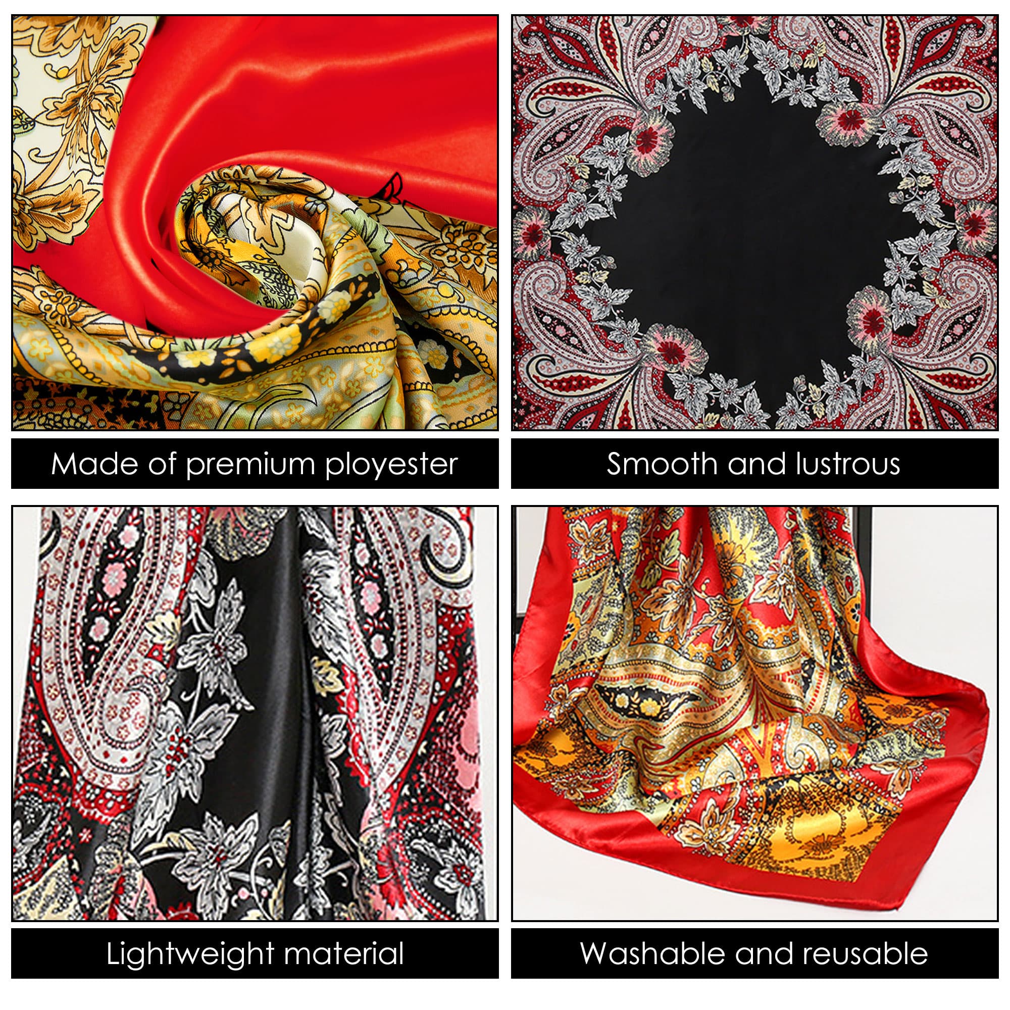 ReignSword 35” Large Square Head Scarf for Women, 2 Pcs Like Silk Hair Fashion Scarves, Silk Bandana Scarf for Hair Wrapping (Red, Red Black) - 2