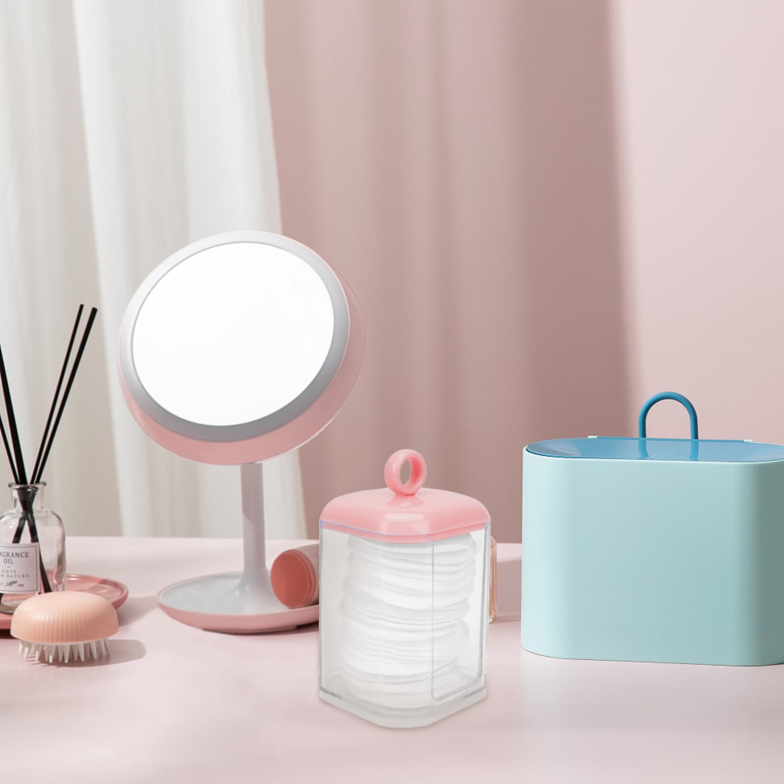 ReignSword Double Layer Cotton Swab Holder Dispenser, Plastic Storage Containers with Lid for Bathroom Vanity Countertop, Clear Bathroom Canisters for Cotton Swab, Ball, Cotton Pad (Pink) - 4