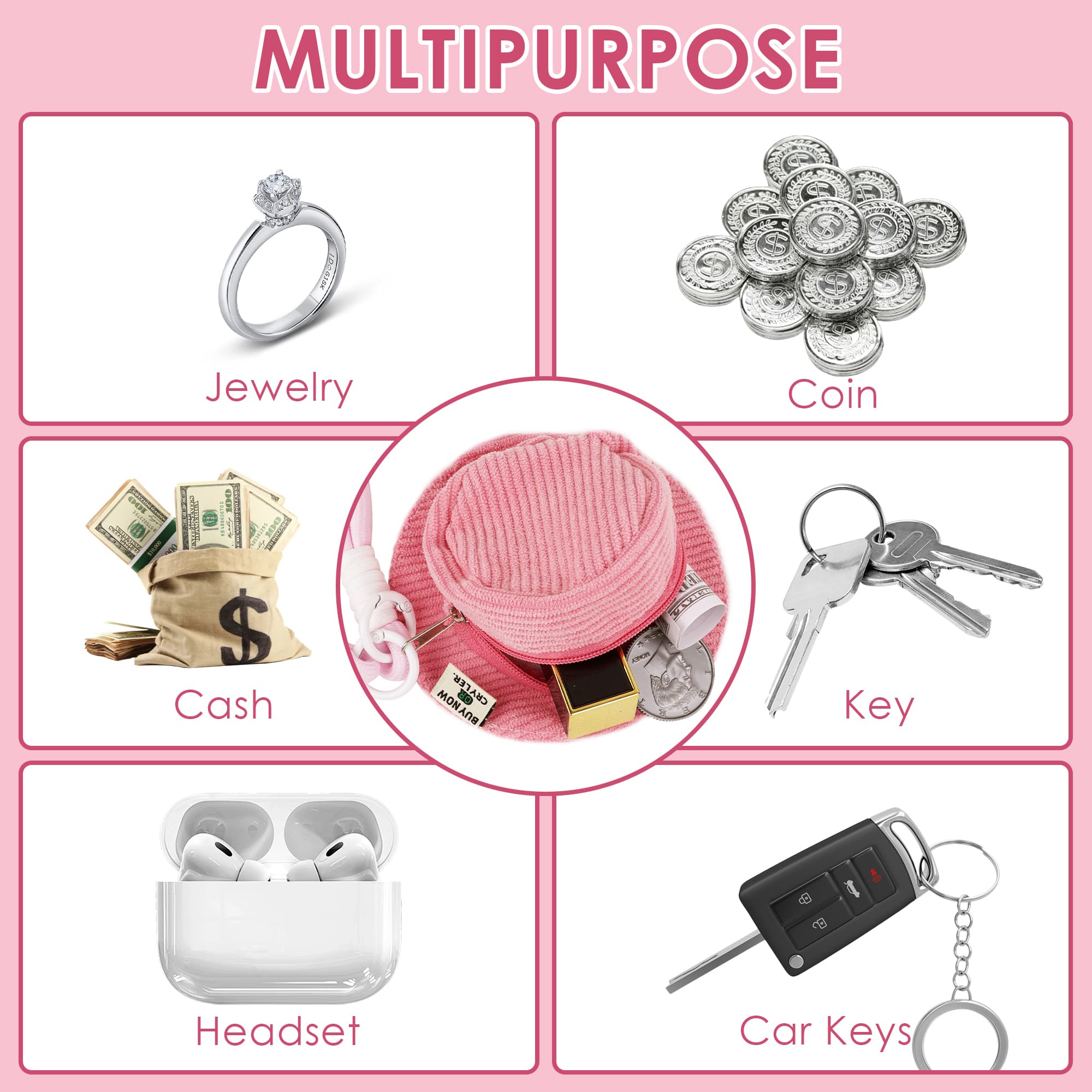 ReignSword Corduroy Coin Purse with KeyChain, Cute Fisherman Hat Keychain for Women, Portable Mini Wallet Suitable for Coin Headphones (Pink) - 3
