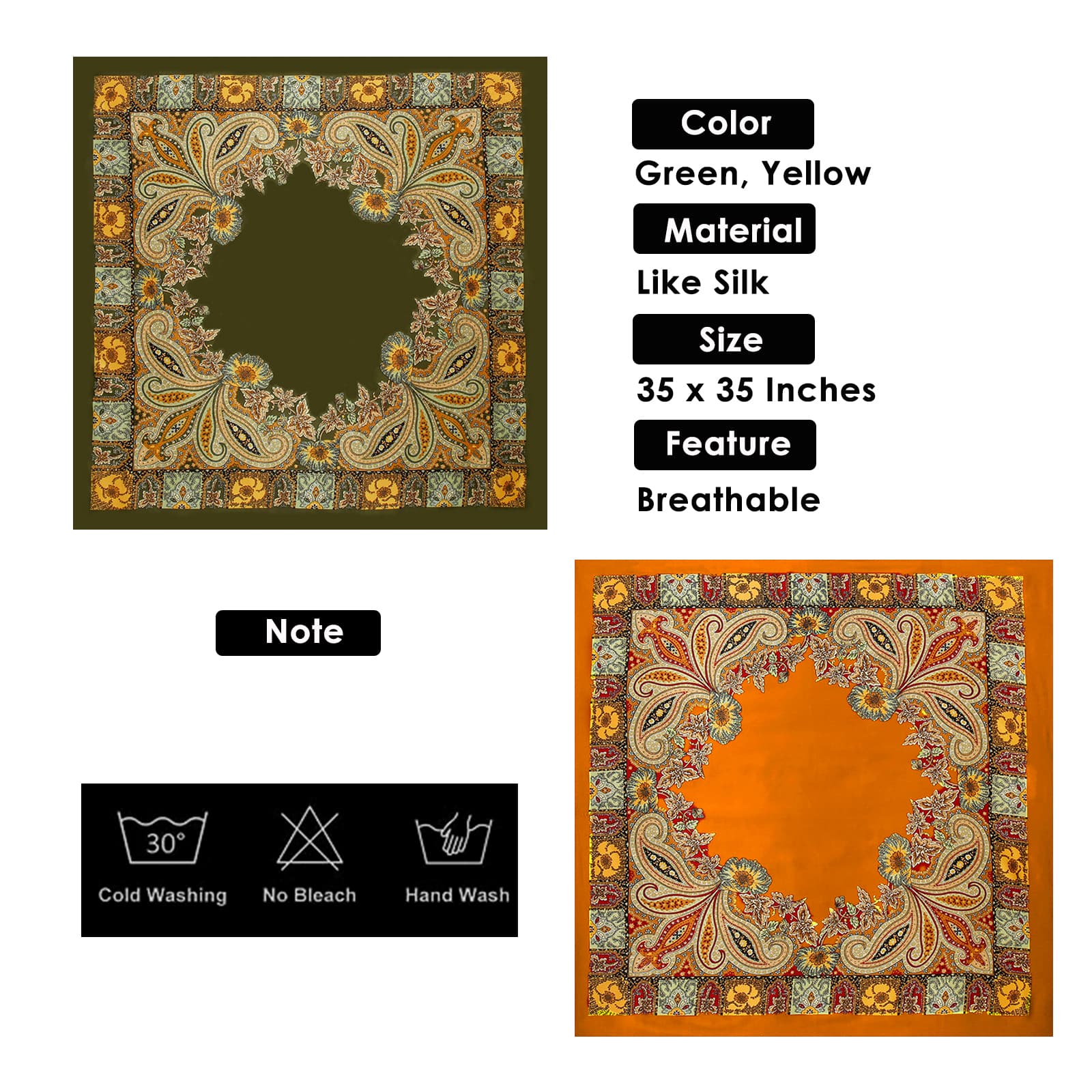 ReignSword 35” Large Square Head Scarf for Women, 2 Pcs Like Silk Hair Fashion Scarves, Silk Bandana Scarf for Hair Wrapping (Green, Yellow) - 5