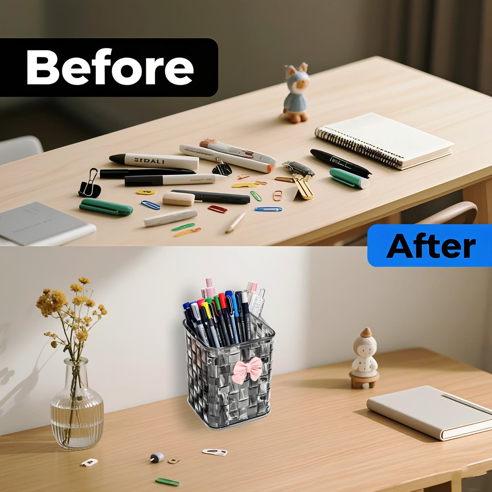 ReignSword Clear Pen Holder for Rattan Weaving Shape, Pen Organizer with Bow Decoration for Home and Office (Black) - 3