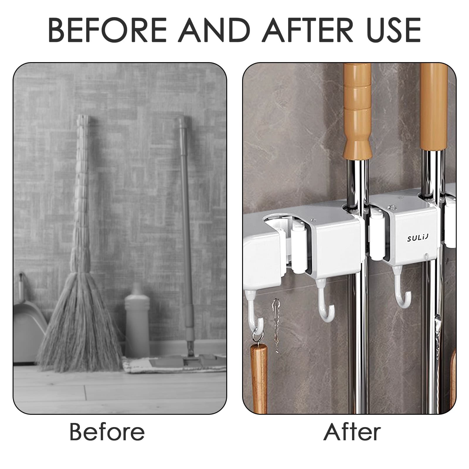 ReignSword Mop and Broom Holder Wall Mount, 4 Racks and 5 Hooks Self Adhesive Garage Organizer Storage Tool Racks for Kitchen Garden Laundry (White) - 2