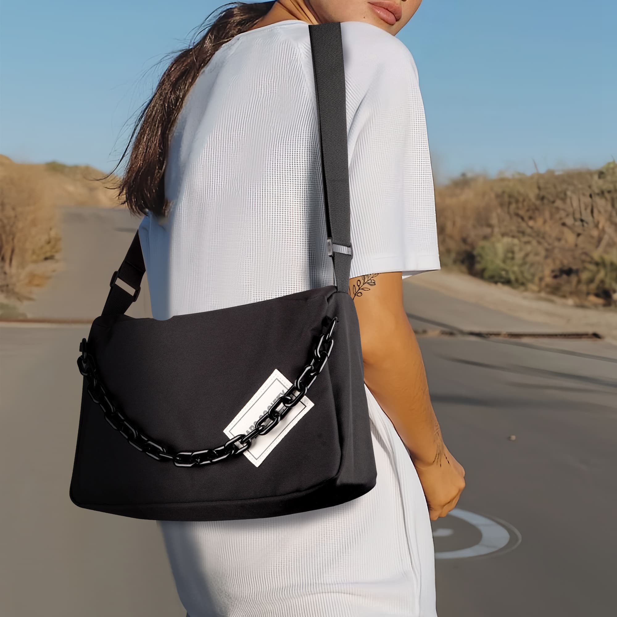 ReignSword Large Capacity Messenger Purse with Adjustable Strap, Nylon Crossbody Sling Shoulder Bag for Women Men, Black - 3