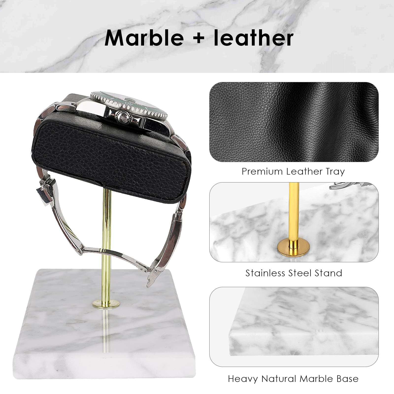 ReignSword Watch Stand with Marble Base, Vegan Leather Watch Stand, Wrist Watch Display Organizer Holder for Men and Women (White) - 2