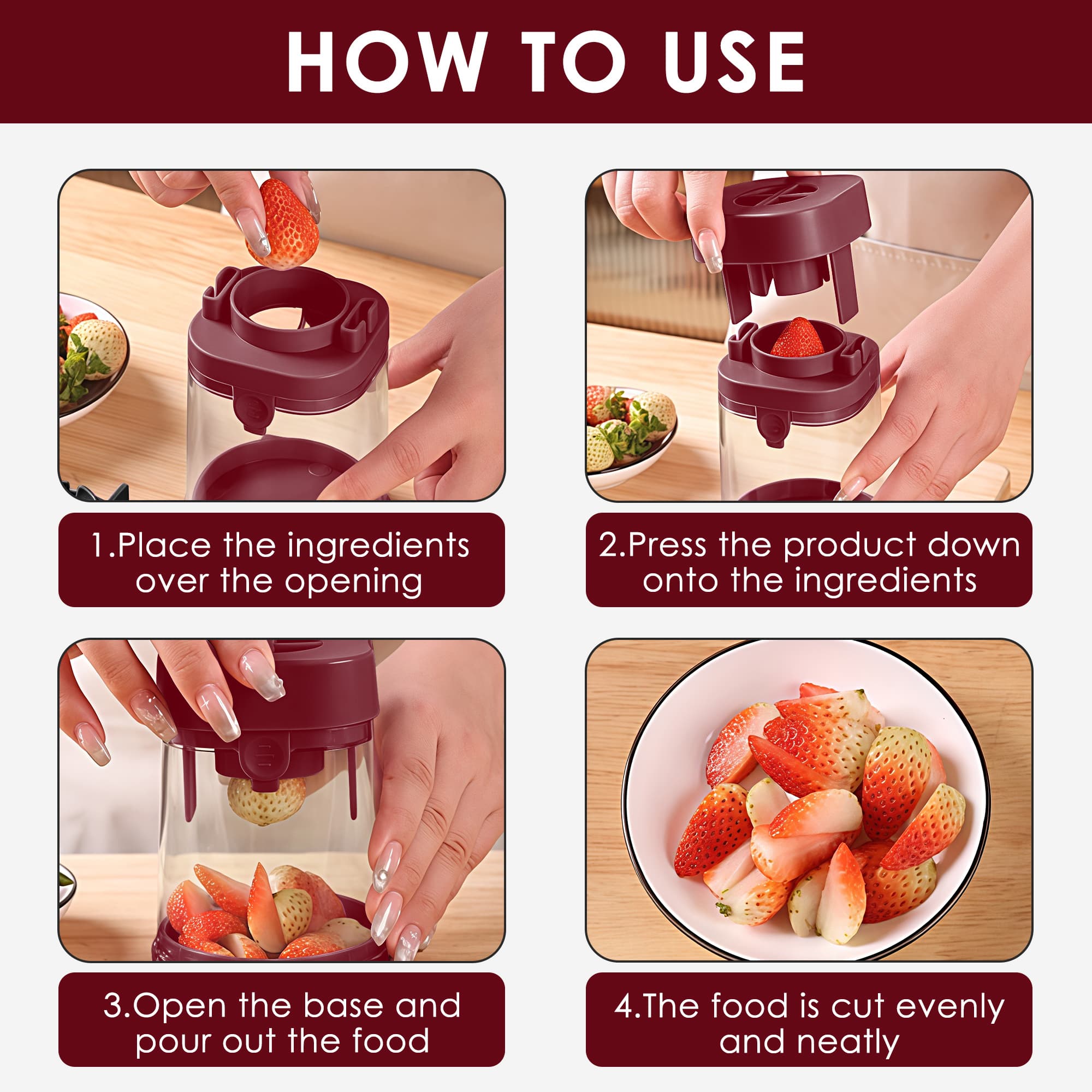 ReignSword Fruit Slicer Cup, Multi-Function Strawberry Slicer, Grape Cutter & Detachable Egg Dicer, Stainless Steel Speed Chopper for Cherry Tomatoes, Kitchen Gadget for Fruits & Vegetables (Red) - 2