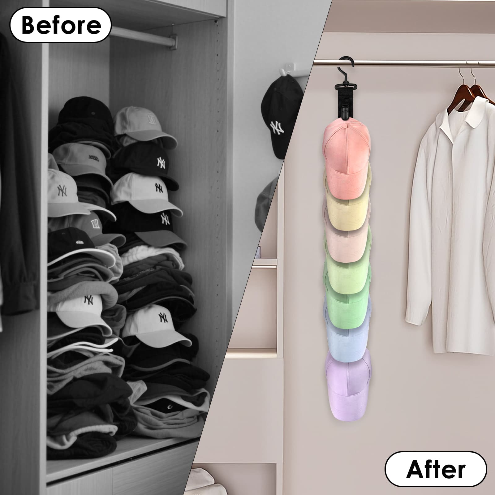 ReignSword Hat Organizer for Baseball Caps, Wall Hat Hangers with 8 Non-Slip Clips, Hat Display Rack Hat Storage Hooks for Closet Entryway Door (Black) - 6