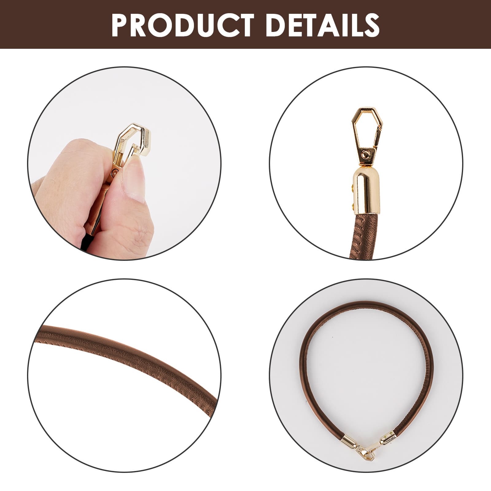 ReignSword 2 Pcs Vegan Leather Handbag Handles, 10MM/60CM Vegan Leather Shoulder Bag Straps, Purse Straps for Women's Handbag Tote Bag Handles Replacement (Brown, Gold Hook) - 2