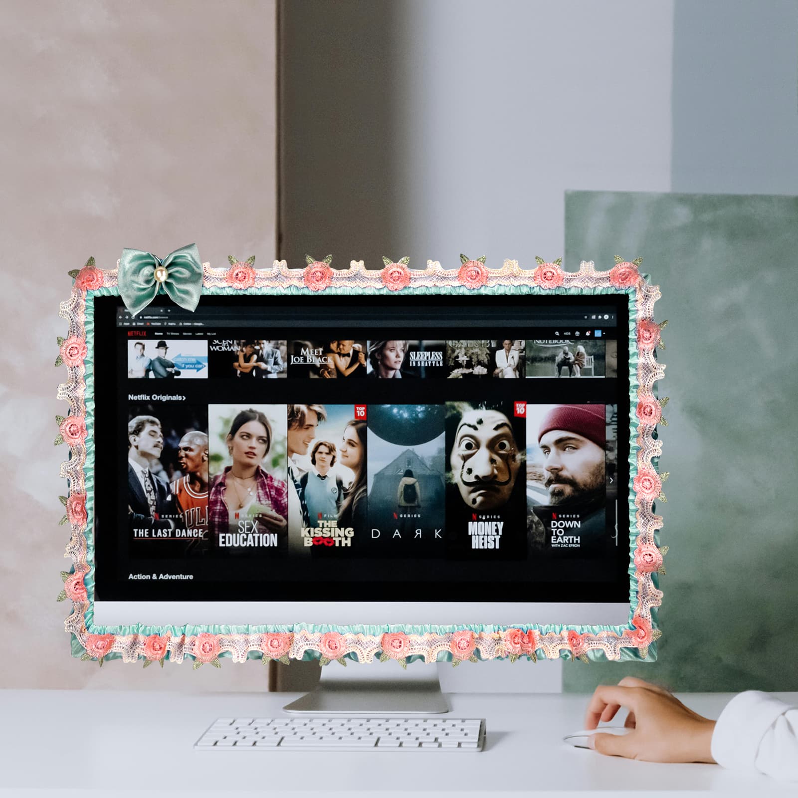 ReignSword 2 Pcs 23''-26'' Cute Computer Monitor Cover with Bow Tie, Lovely Computer Accessories with Lace Design, Monitor Dust Cover Protector (Blue) - 3
