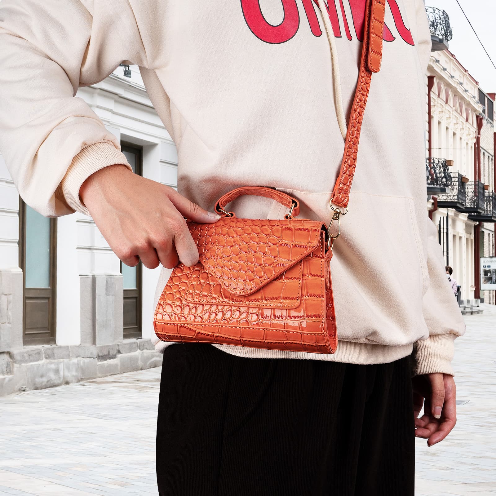 ReignSword Small Crossbody Bags for Women, Vegan Leather Crocodile Pattern Mini Purse, Trendy Clutch Top Handle Shoulder Handbag (Not Compatible with Phone) (Orange) - 4