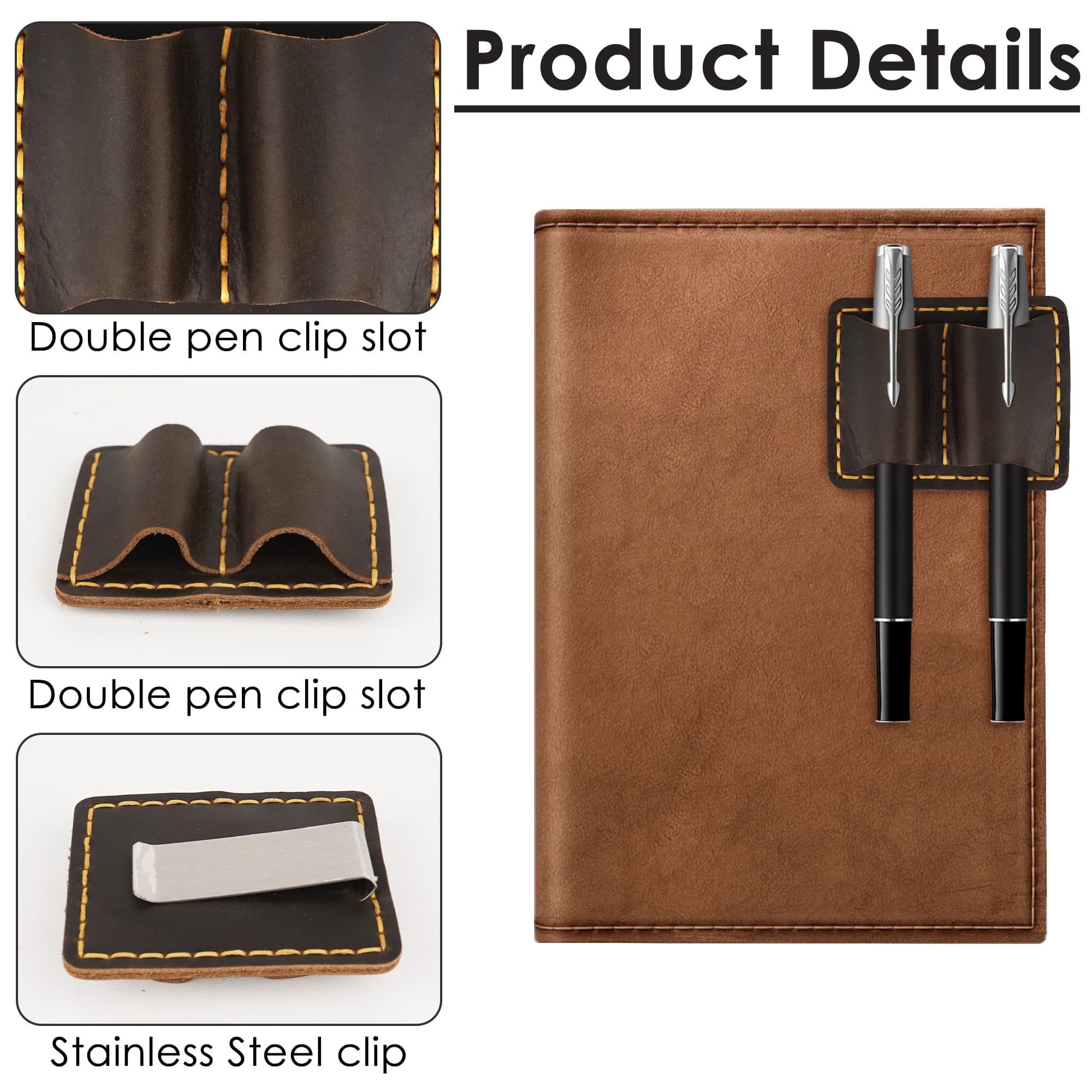 ReignSword Leather Pen Holder for Notebook, Double Slot Pen Holder for Journal Notebook Clipboard, Pencil Holder with Elastic Loop for Pens, Pencil, Stylus Pen (Coffee) - 3