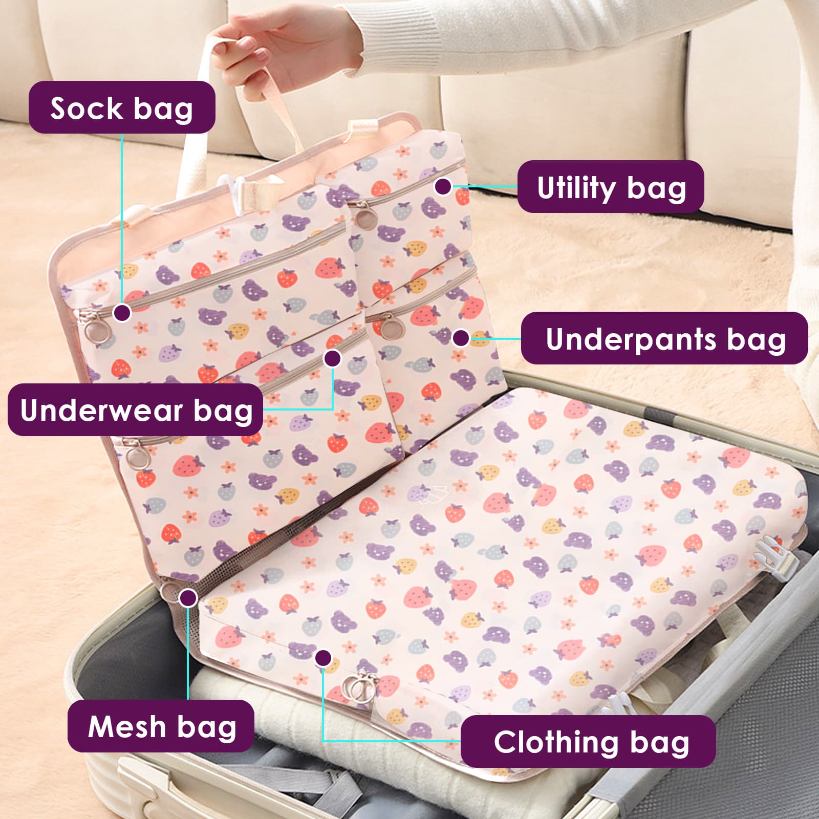 ReignSword Garment Bags for Travel, Foldable Carry on Travel Duffel Bag for Women, Hanging Weekender Overnight Bag for Clothes, Socks, Underwear, Panties (Strawberry Jam) - 3