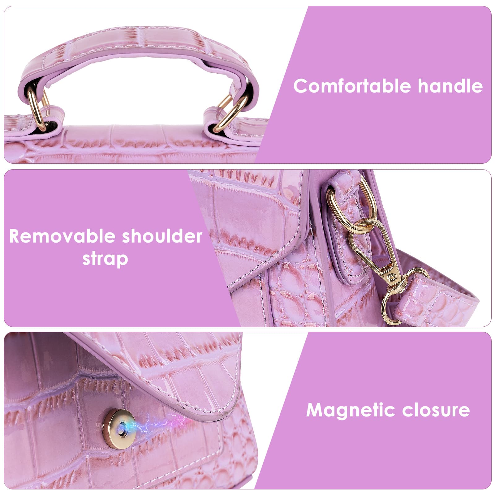 ReignSword Small Crossbody Bags for Women, Vegan Leather Crocodile Pattern Mini Purse, Trendy Clutch Top Handle Shoulder Handbag (Not Compatible with Phone) (Purple) - 4