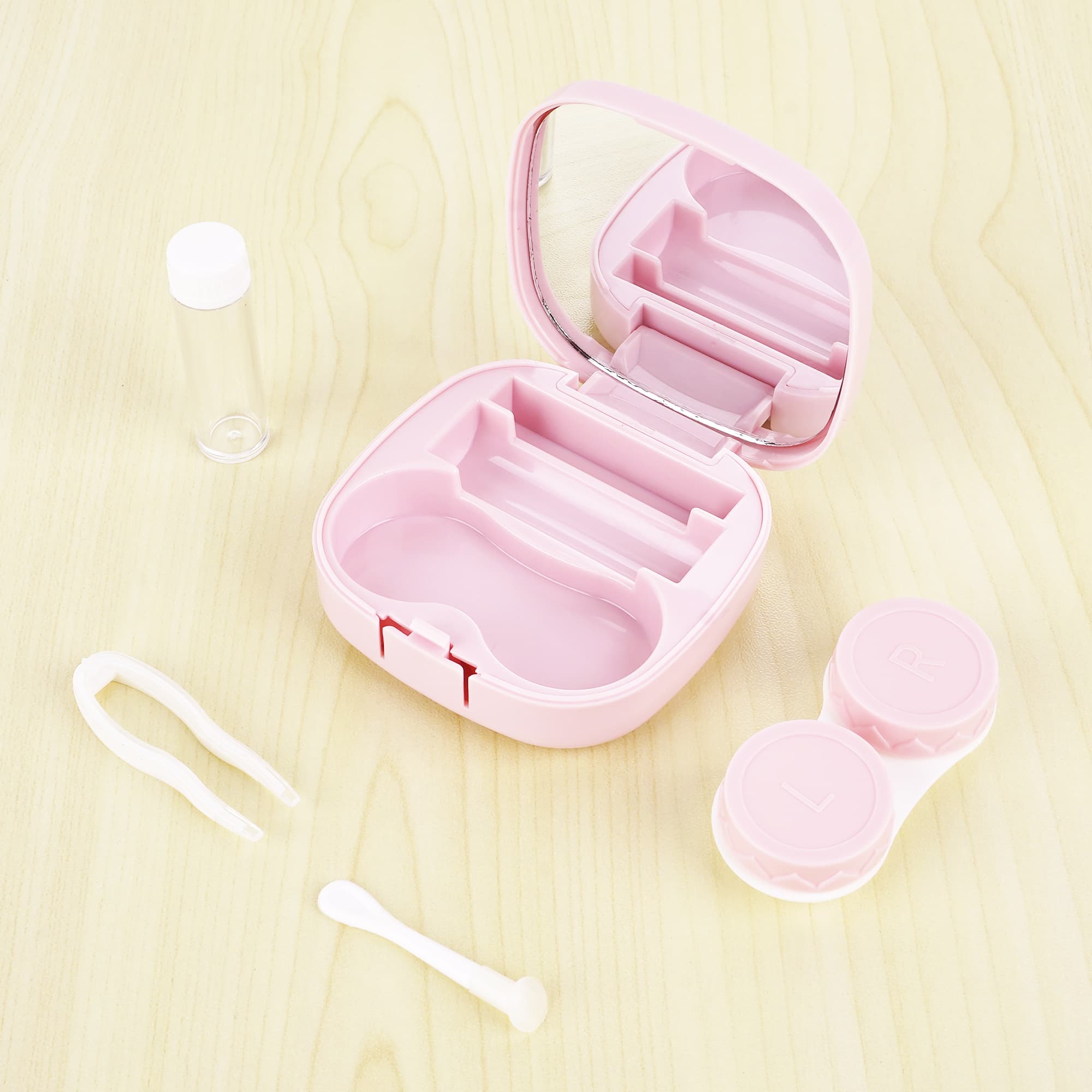 ReignSword 2 Pack Contact Lens Case with Manual Cleaner, Portable Travel Contact Cases Kit with Mirror for Daily & Outdoor Use,  Includes Solution Bottle Tweezers Cleaning Tool (Pink & Blue) - 2