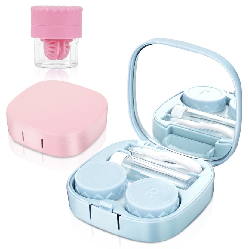 ReignSword 2 Pack Contact Lens Case with Manual Cleaner, Portable Travel Contact Cases Kit with Mirror for Daily & Outdoor Use,  Includes Solution Bottle Tweezers Cleaning Tool (Pink & Blue)